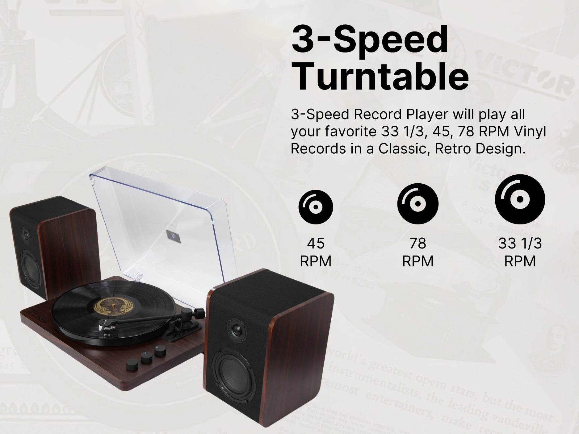 Victor Lincoln Record Player, 3-Speed Turntable with Bluetooth and Detached Stereo Speakers (Wood Finish) fbzf6