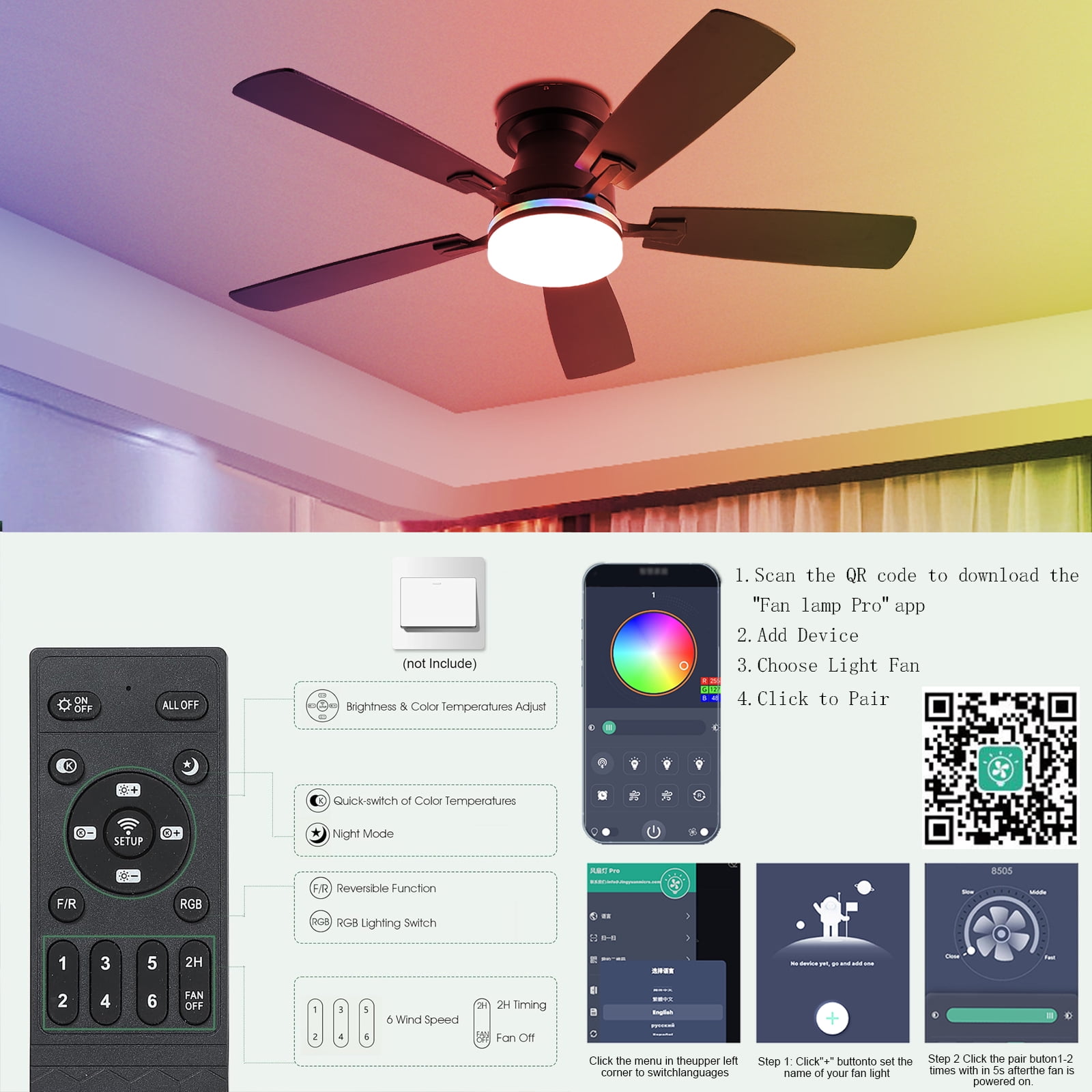 JSAITEE 48 in Low Profile Ceiling Fan with Light and Remote Control (Black, 48 in) 79ydt