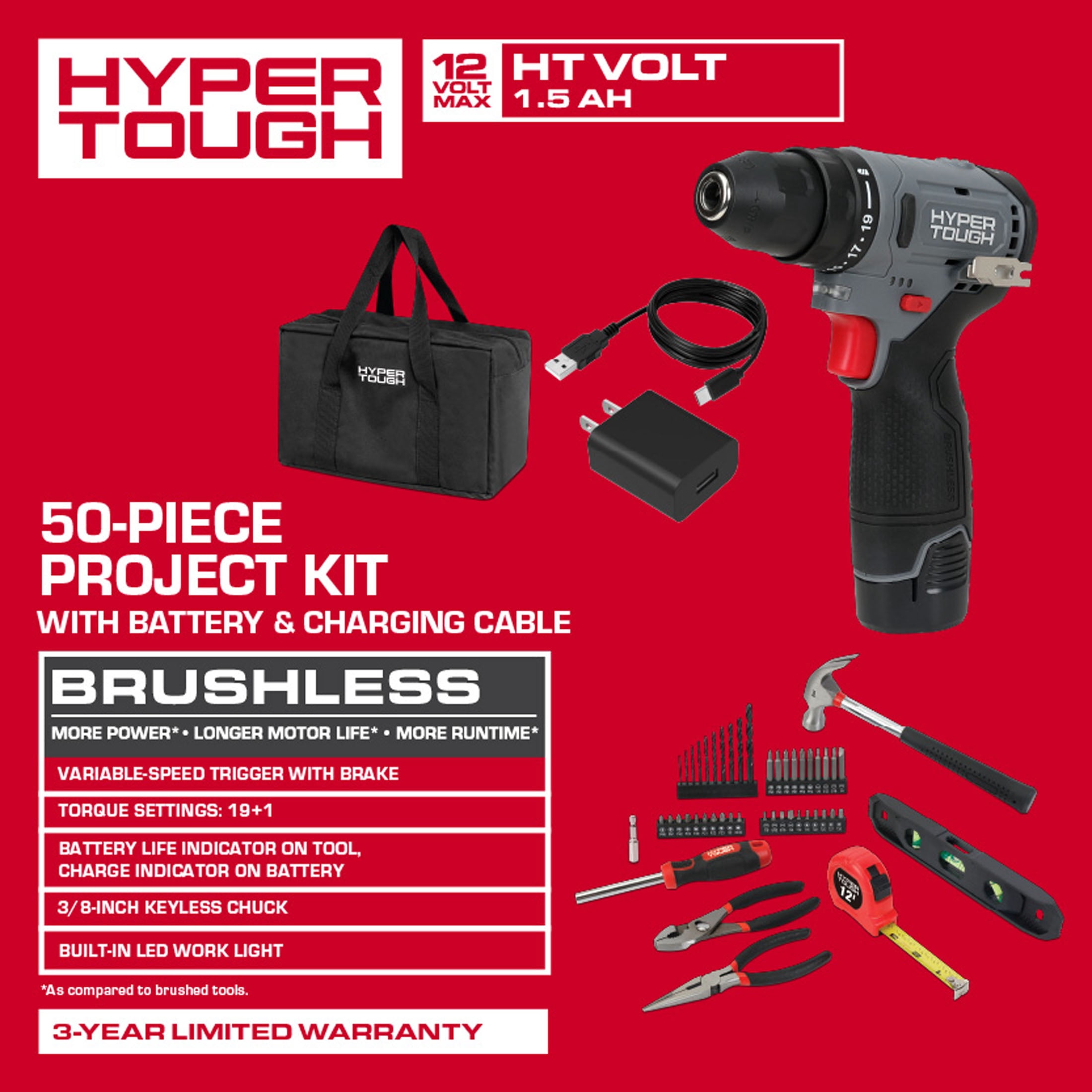 Hyper Tough 12V Brushless Cordless Drill Driver Project Kit (Grey, 50-Piece) vuhc2