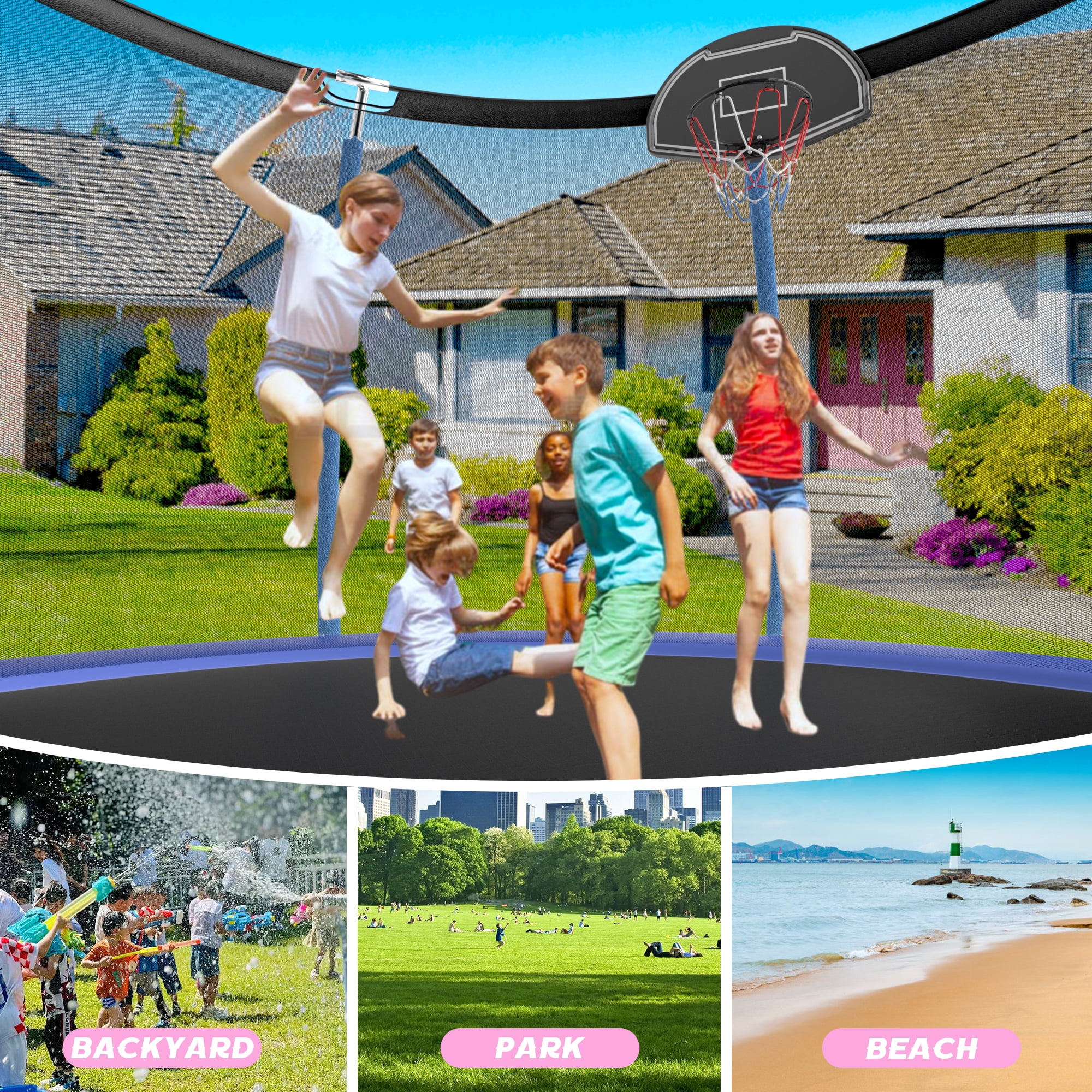 Shengchao Trade 12 ft Recreational Trampoline with Enclosure, Basketball Hoop, and Safety Ladder (Blue, 1000 lb) jjouu