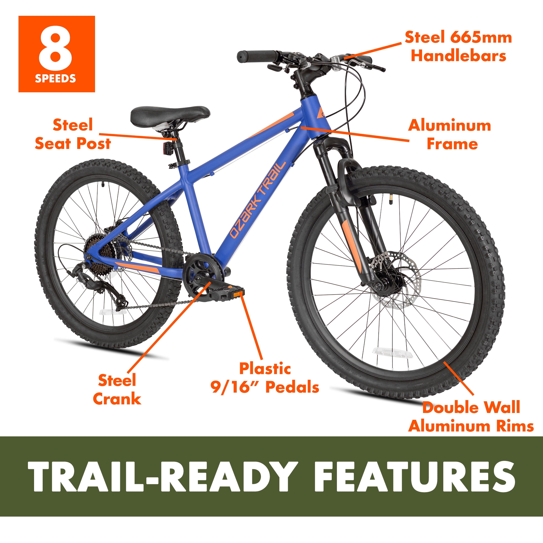 Ozark Trail 24 in M.1 Mountain Bicycle, 8 Speed, Lightweight Aluminum Frame, Front Suspension (Blue, 24 in) 6cyzi