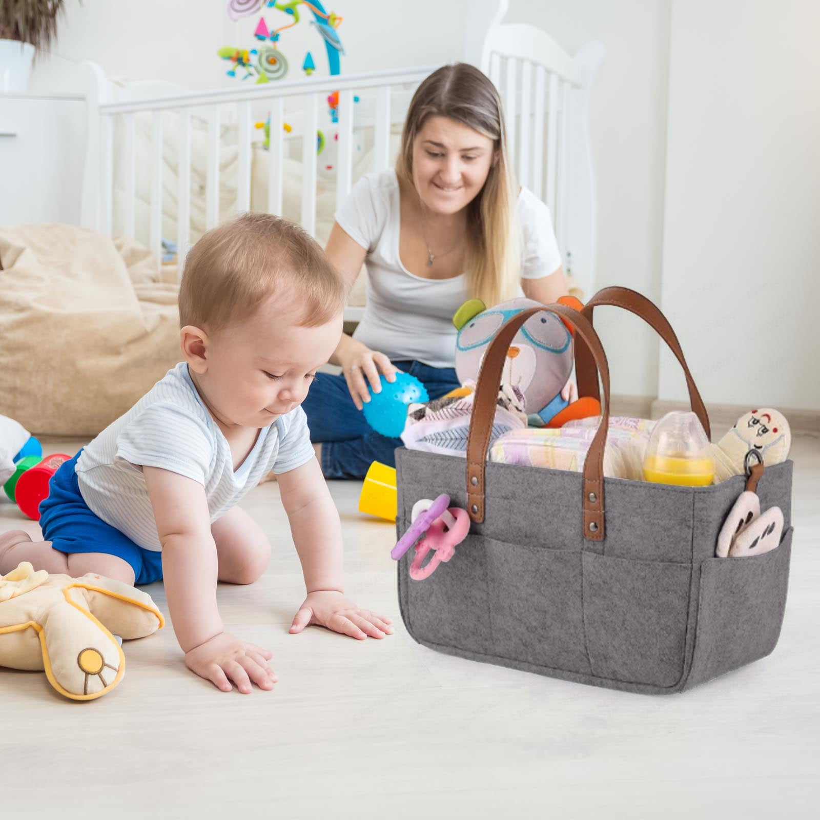 Zeceouar Foldable Nursery Diaper Caddy Organizer with Removable Inserts (Grey, 13 in x 7 in x 6 in) ky6p7