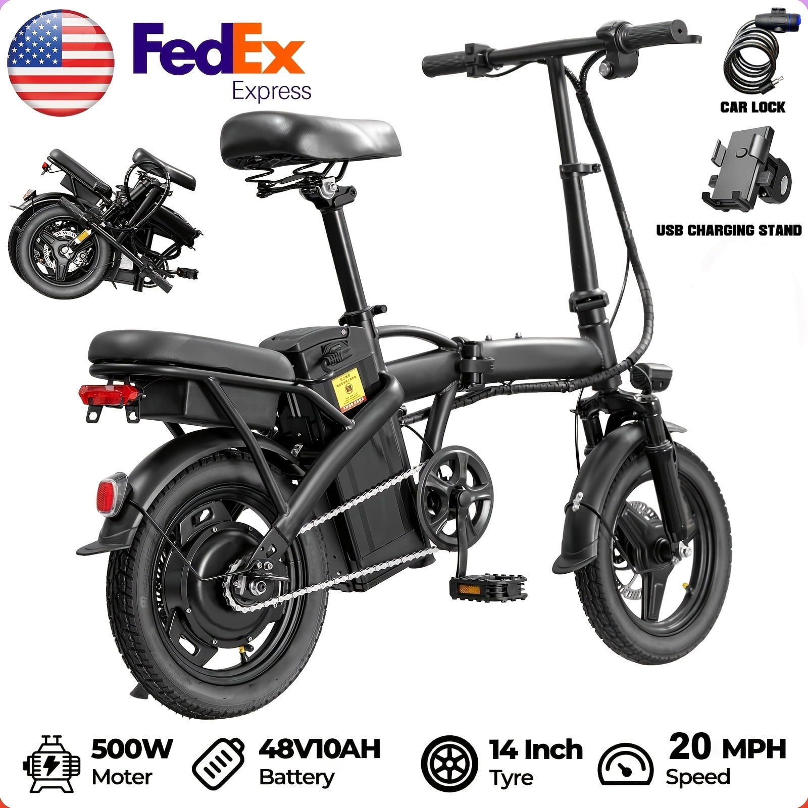 UWHOLF Foldable Electric Bicycle for Adults, 500W Motor with 48V Battery, 20 MPH Speed, Dual Disc Brakes (Black, 14 in) d5ru5