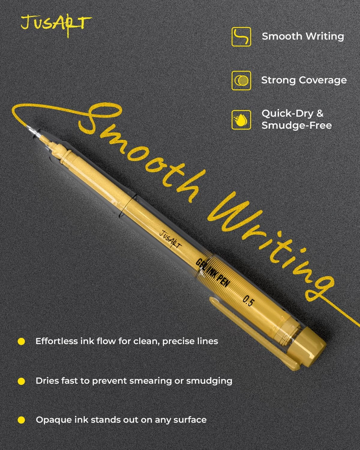 JusArt Gold Gel Pens for Drawing and Journaling, Opaque Ink for Dark Paper (3 Pack, Assorted Tips) 0p272