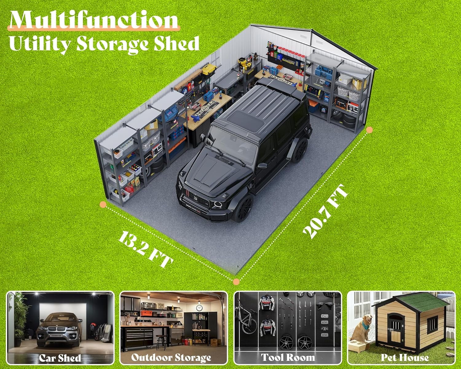 Jocisland Outdoor Metal Storage Shed, Heavy-Duty Garage Carport with Double Doors and Windows (Dark Grey, 13.2 ft x 21 ft x 8 ft) a8ixi