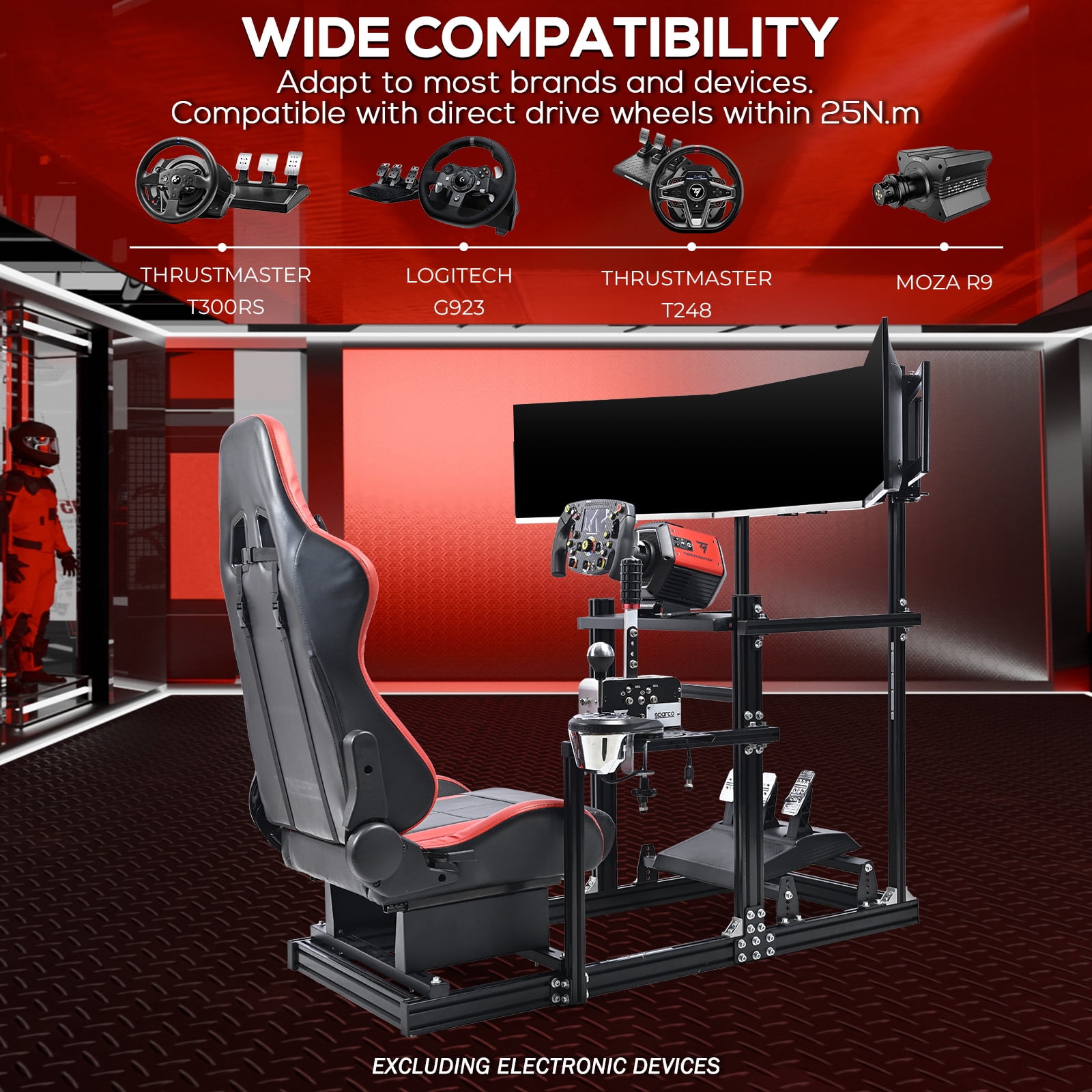 Supllueer Aluminum Racing Simulator Cockpit with Adjustable Seat and Triple Monitor Stand (Black) ve1yv