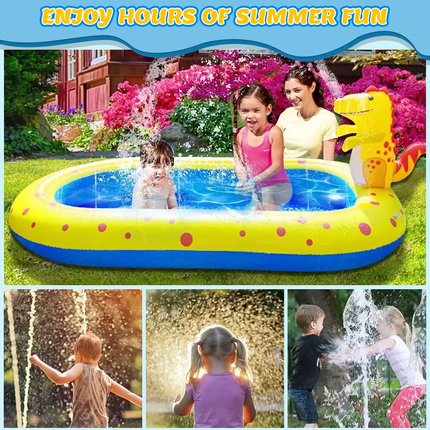 Teblint Inflatable Dinosaur Sprinkler Pool for Kids, Outdoor Water Play Center with Spray Features (Blue-Yellow, 67 in x 41 in x 26 in) ya4c7