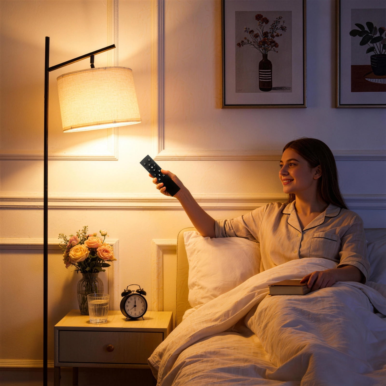 LZNIOZ Modern LED Floor Lamp with Remote Control, Dimmable Standing Light with Fabric Drum Shade (Black, 64 in) at4bc