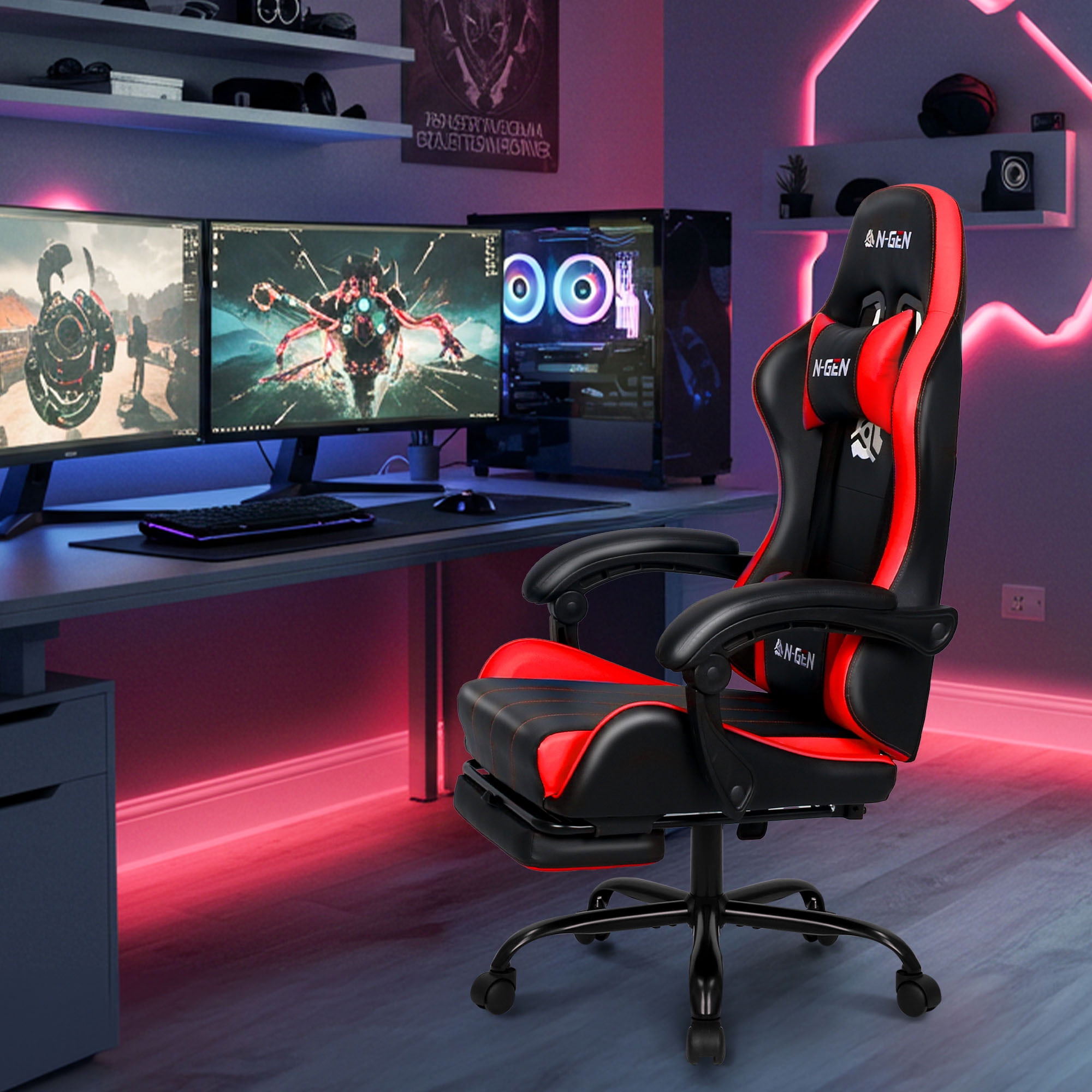 CELTOSS Ergonomic Gaming Chair with Footrest and Lumbar Support (Red, 300 lb Capacity) ehsjc