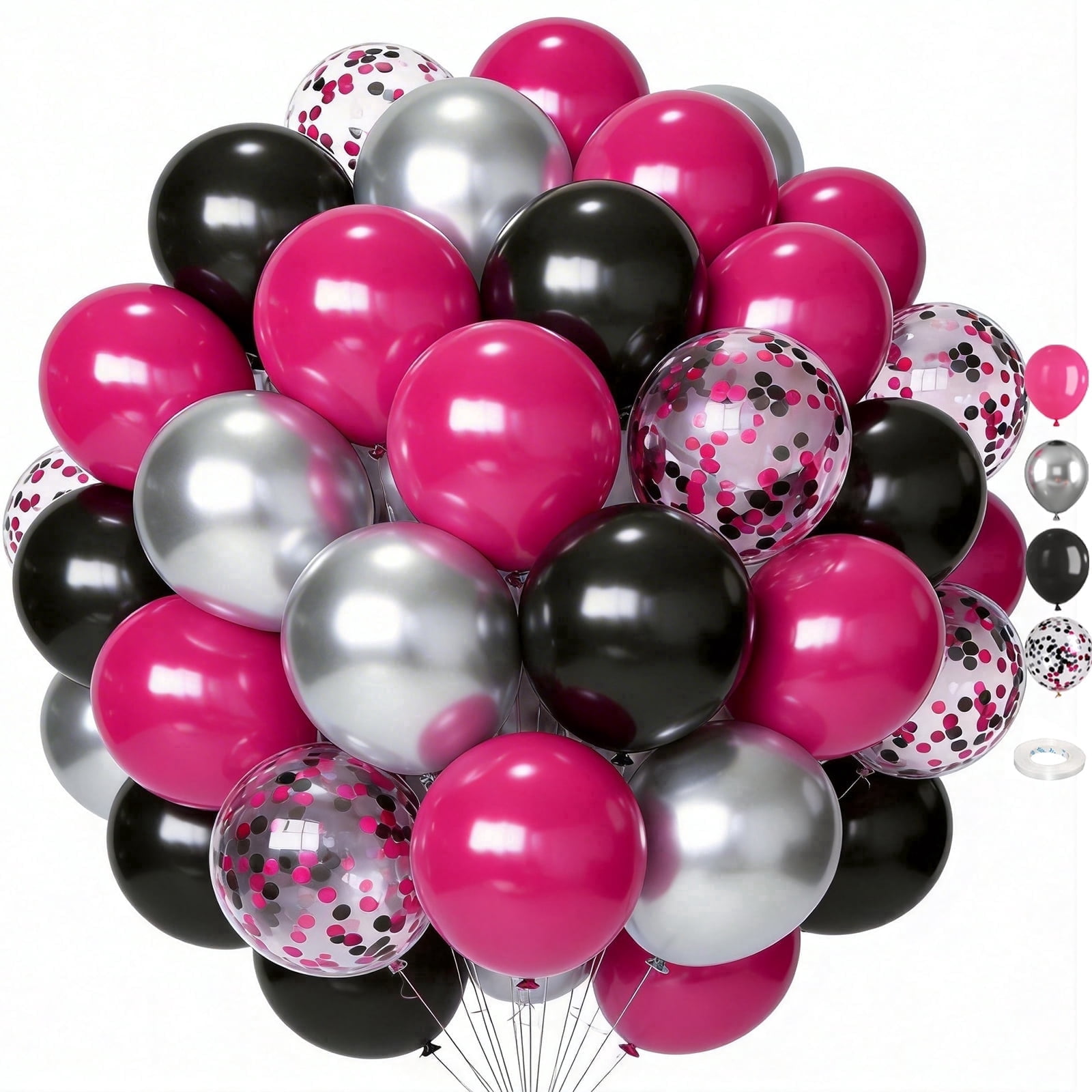 Qiameng 50-Piece Balloon Arch Kit for Party Decorations (Hot Pink, Black, Metallic Silver, 12 in) 6b1gq