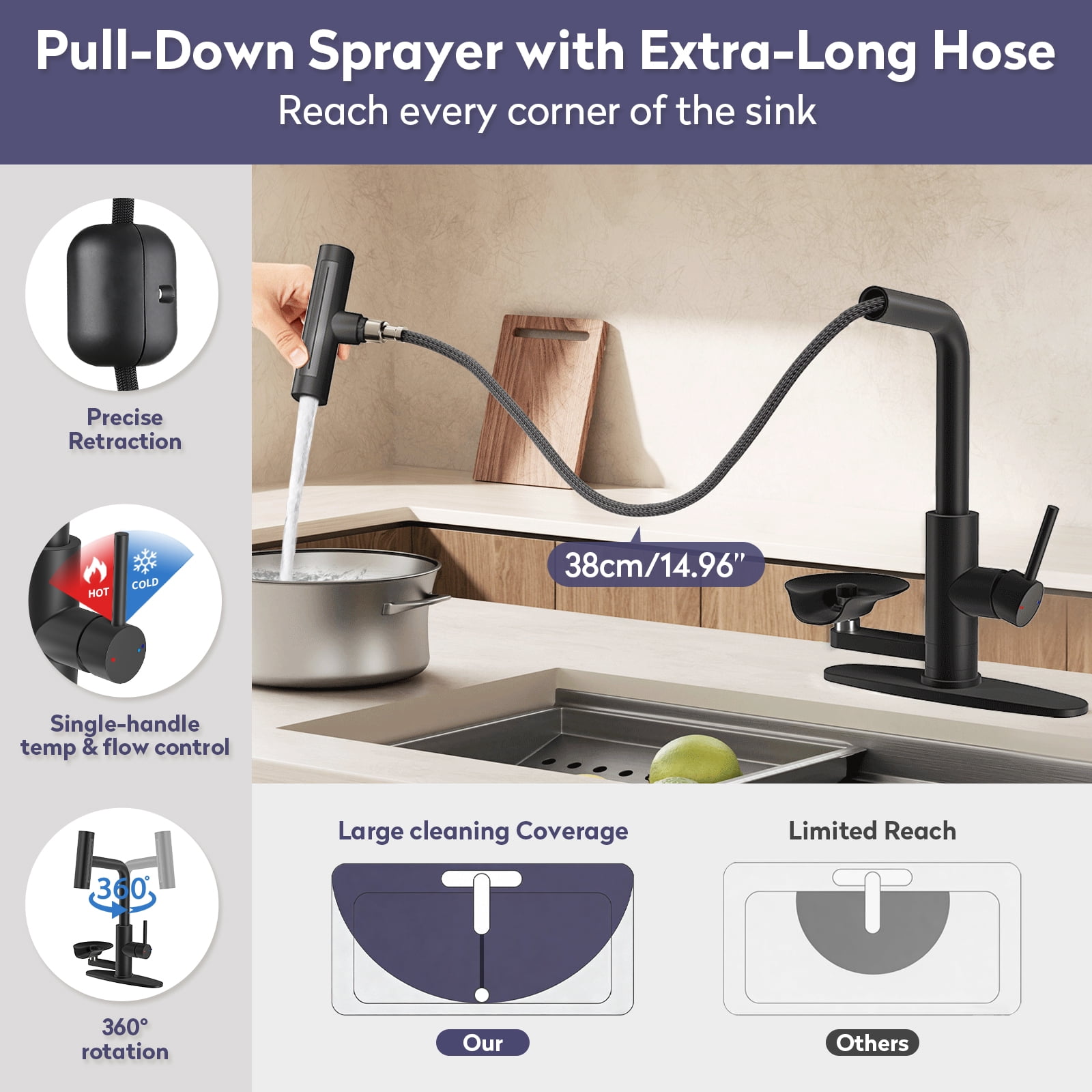 KAIYING Pull Down Kitchen Faucet with Sprayer and Integrated Glass Rinser (Matte Black, 14.96 in Hose) ja0w0