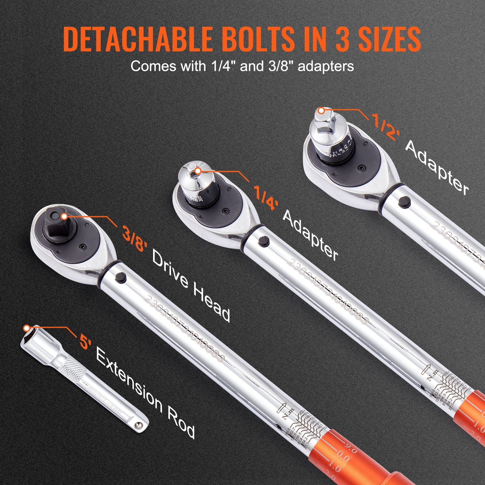 KFFKFF 1/2-inch Drive Torque Wrench Set, Dual-Direction Click Mechanism, 10-150 ft.lb Range (Orange, 1 Set) 5h8l6