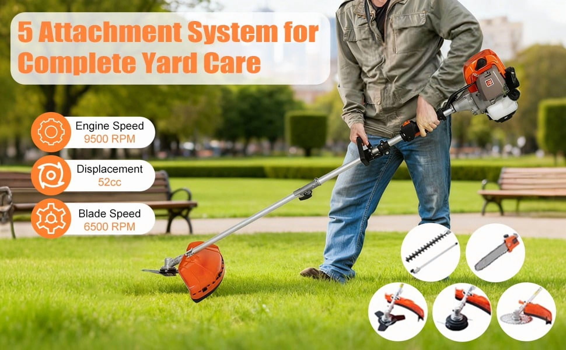 YNCE 5-in-1 Gas Powered Multi-Tool Hedge Trimmer and Brush Cutter (Orange, 52CC Engine) r70bd