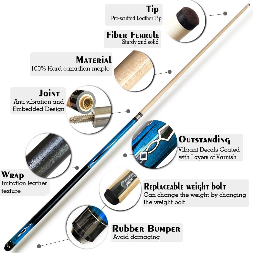 DeerBao Professional Billiard Pool Cue Stick, Hardwood Canadian Maple, 13mm Leather Tip (Blue, 58 in, 19 oz) 8co83