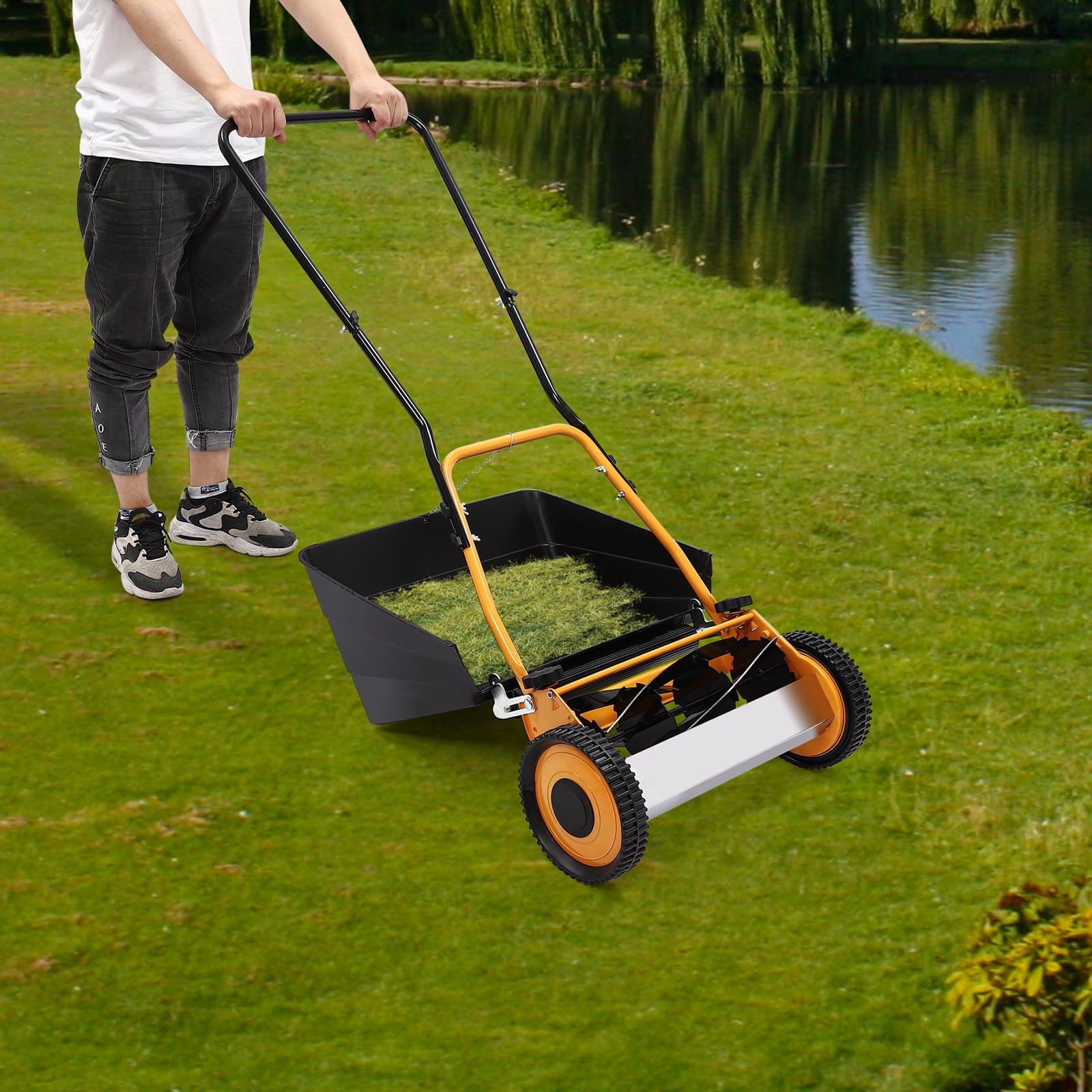 Generic 16-inch Manual Hand Push Lawn Mower with Grass Catcher (Black, 16 in) s1j2u