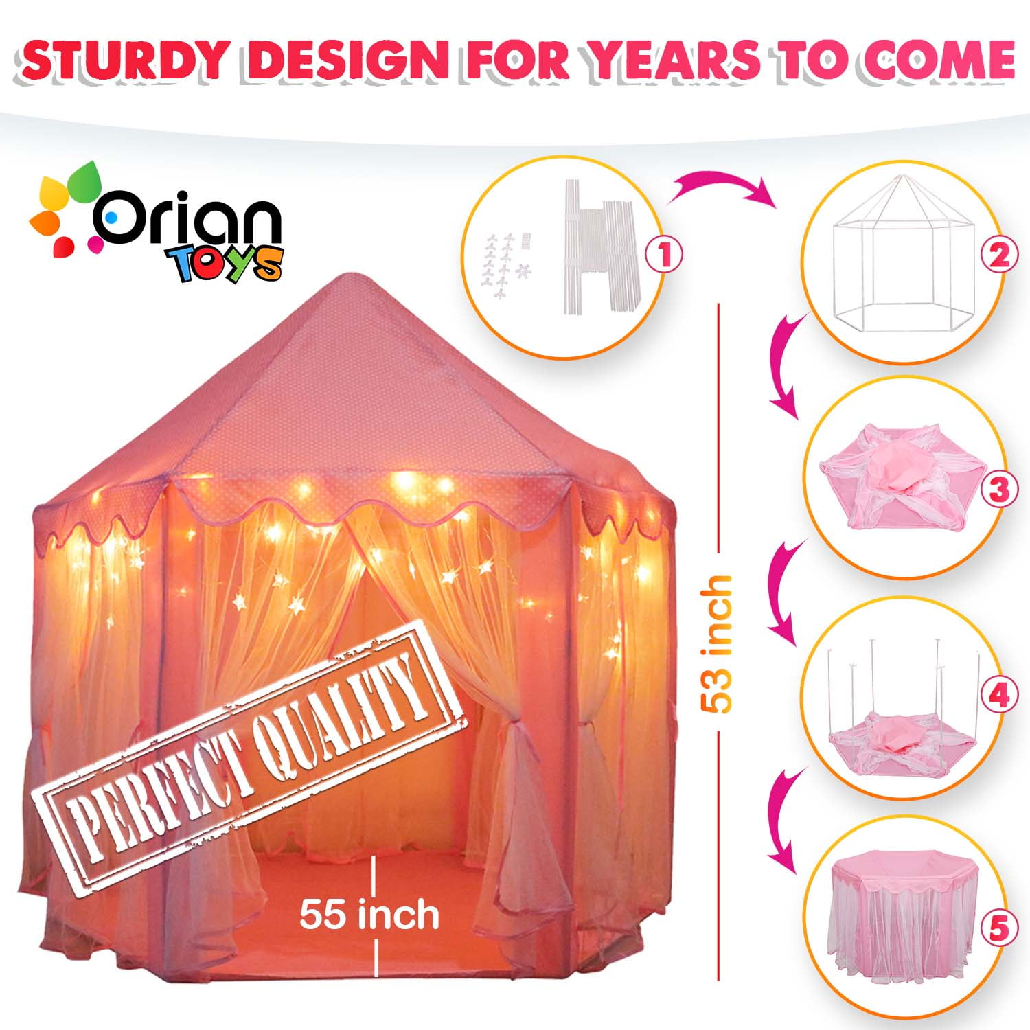 ORIAN TOYS Princess Castle Playhouse Tent with LED Star Lights, Indoor & Outdoor Kids Play Tent (Pink, 55 in x 53 in) qufwh