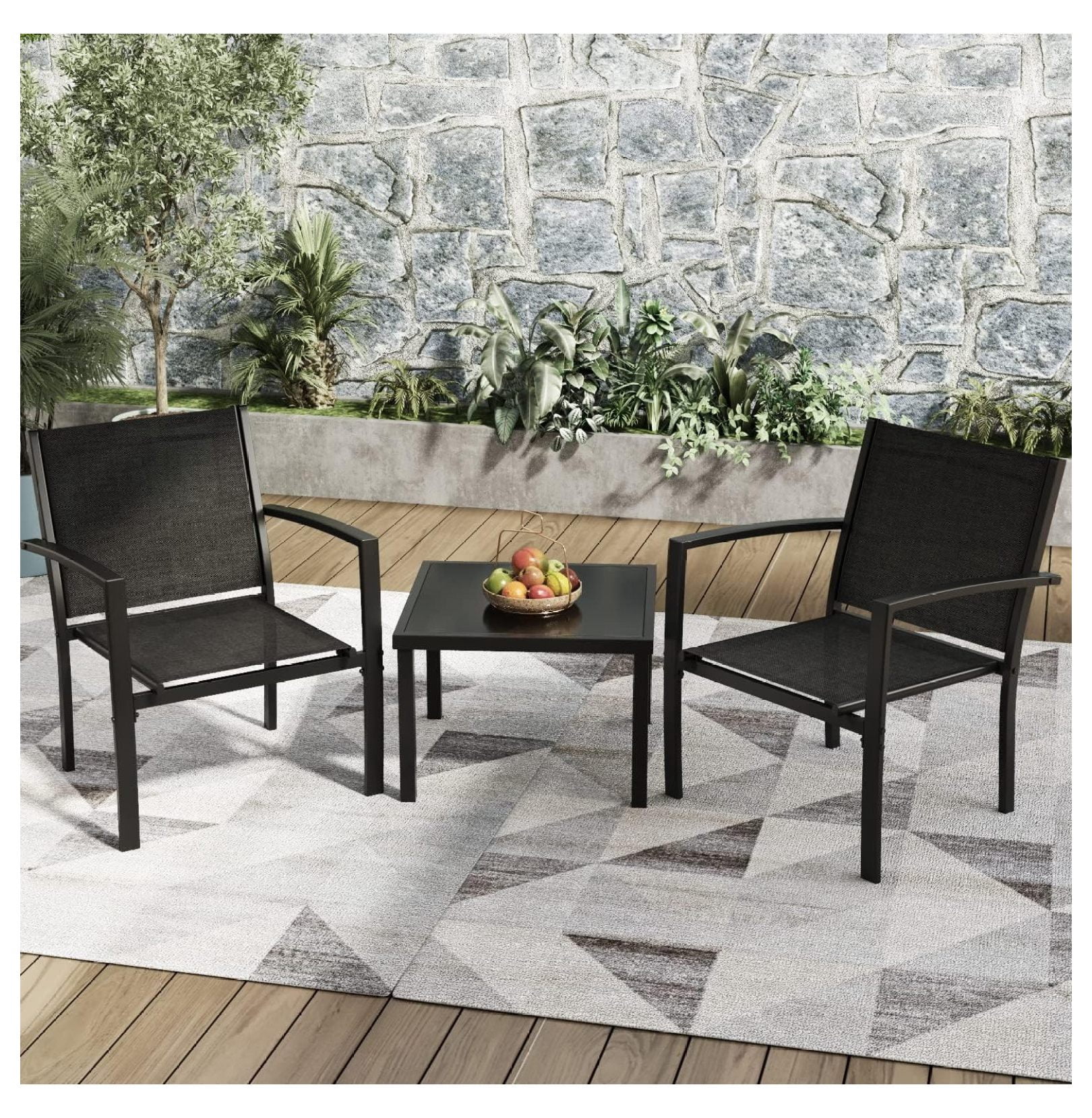 KriKac 3-Piece Patio Furniture Set, Outdoor Conversation Set with Textilene Chairs and Tempered Glass Table (Black, 3 Pieces) svxxv