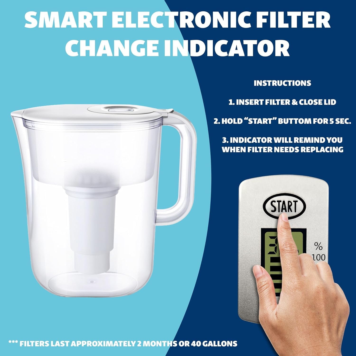 JOEY'Z Water Filter Pitcher with 3 Replacement Filters and Electronic Indicator (White, 7 Cup) kaer3