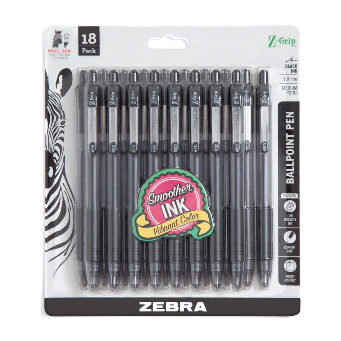 Zebra Z-Grip Retractable Ballpoint Pen, Smooth Writing Medium Point, Black Ink (Black, 18-Count) x6lvb