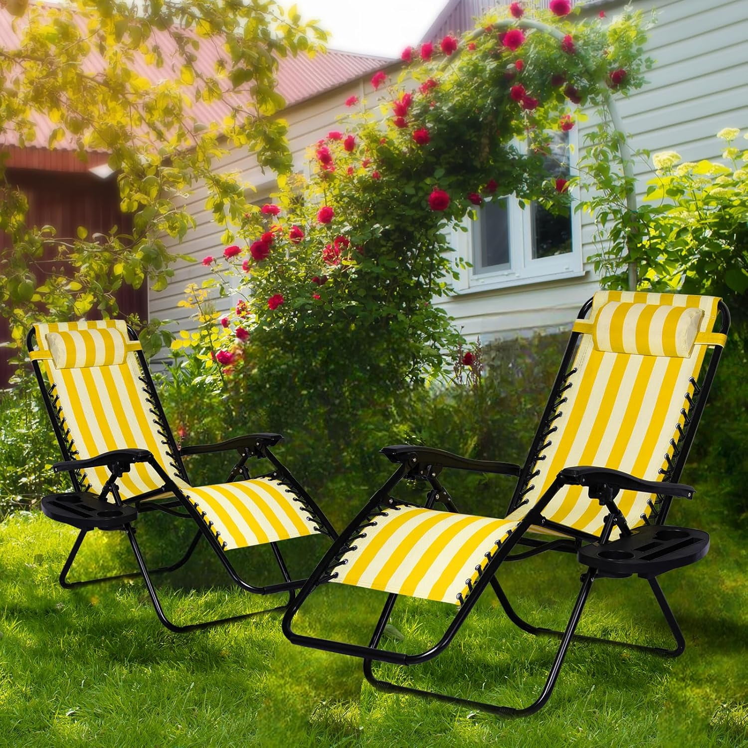Nazhura Zero Gravity Reclining Patio Chairs with Cup Holder and Pillow (Yellow Stripe, Set of 2) 0gmtf