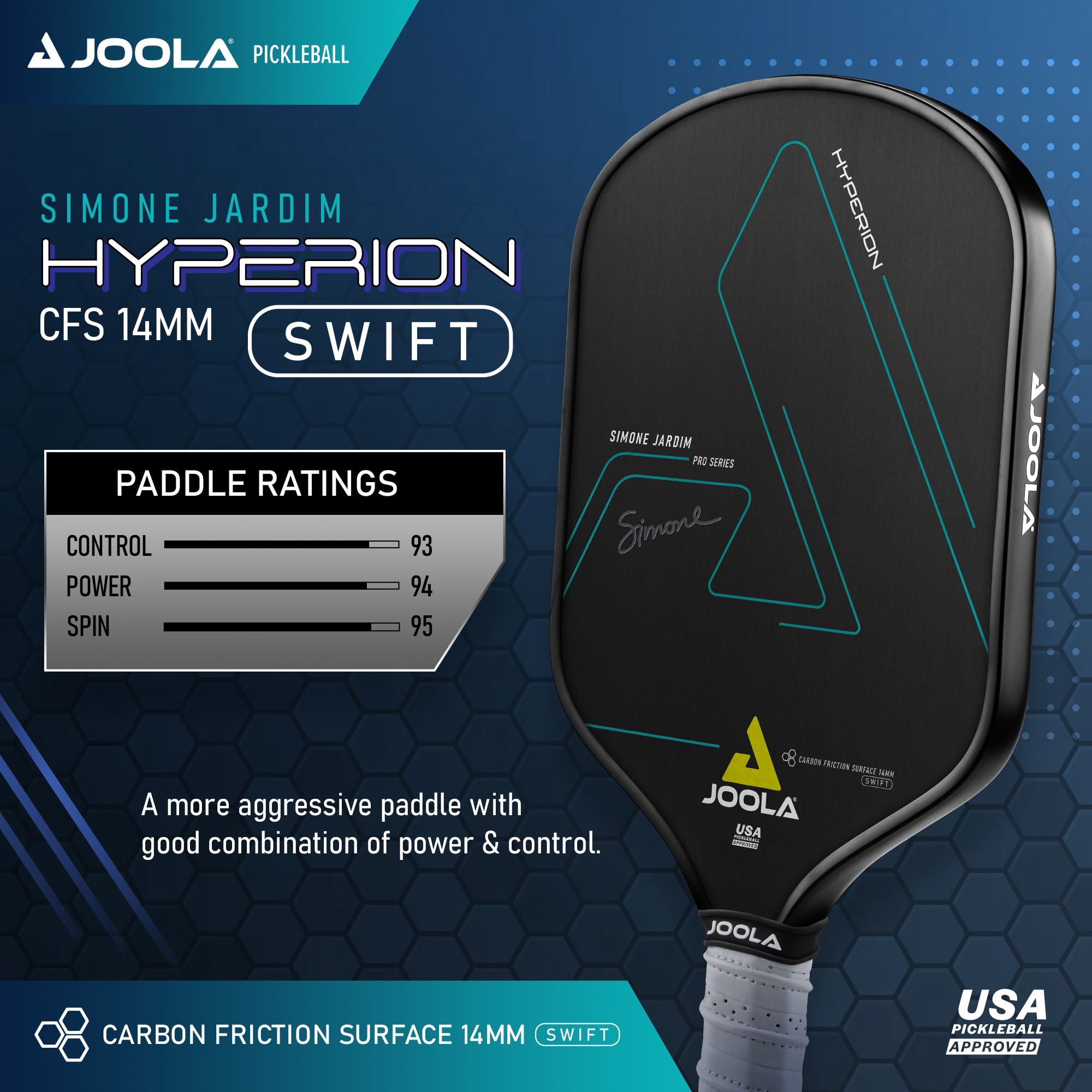 JOOLA Simone Jardim Hyperion CFS 14mm Swift Pickleball Paddle (Black, 16.5 in x 7.5 in) o6gxg