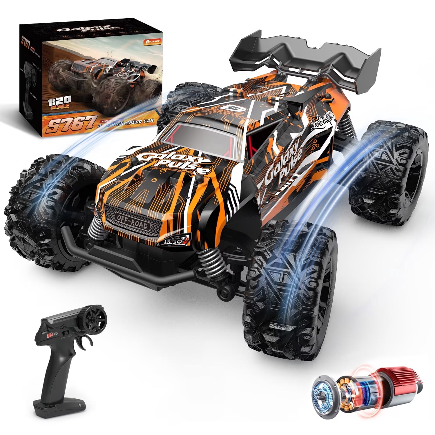 JoyStone Remote Control Monster Truck, All-Terrain 2.4GHz RC Car with 2 Rechargeable Batteries (Black & Orange, 1:18 Scale) ejmuy