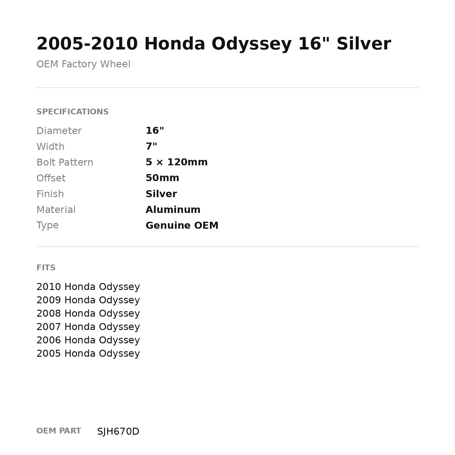 Factory Wheel Warehouse Honda Odyssey 16 in Silver OEM Factory Wheel Rim (2005-2010, 16 in) 6wfry