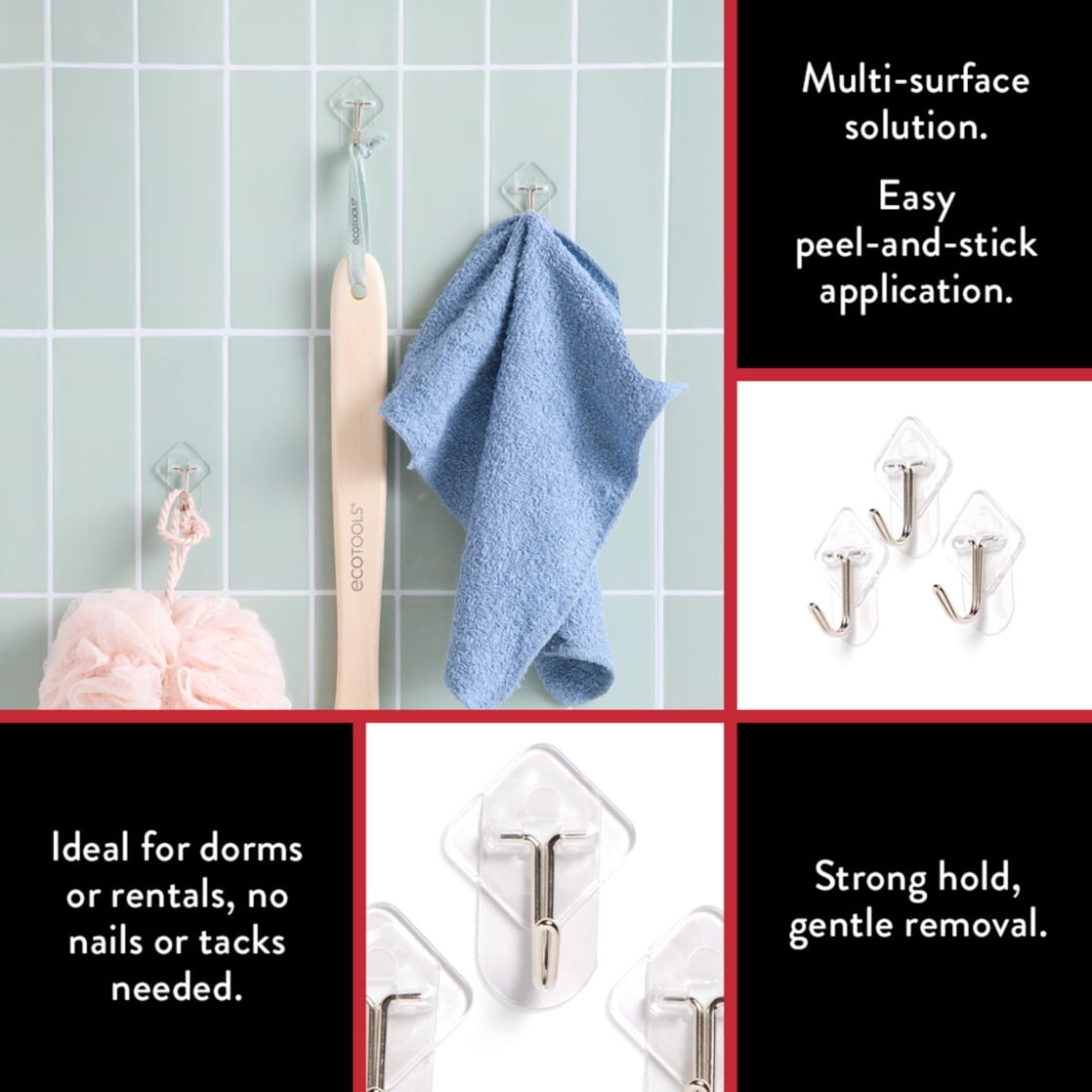Hyper Tough Removable Hinged Hooks for Wall Organization, Damage-Free Adhesive Strips (Clear, 2 Pack, 1 lb Capacity) dtc66