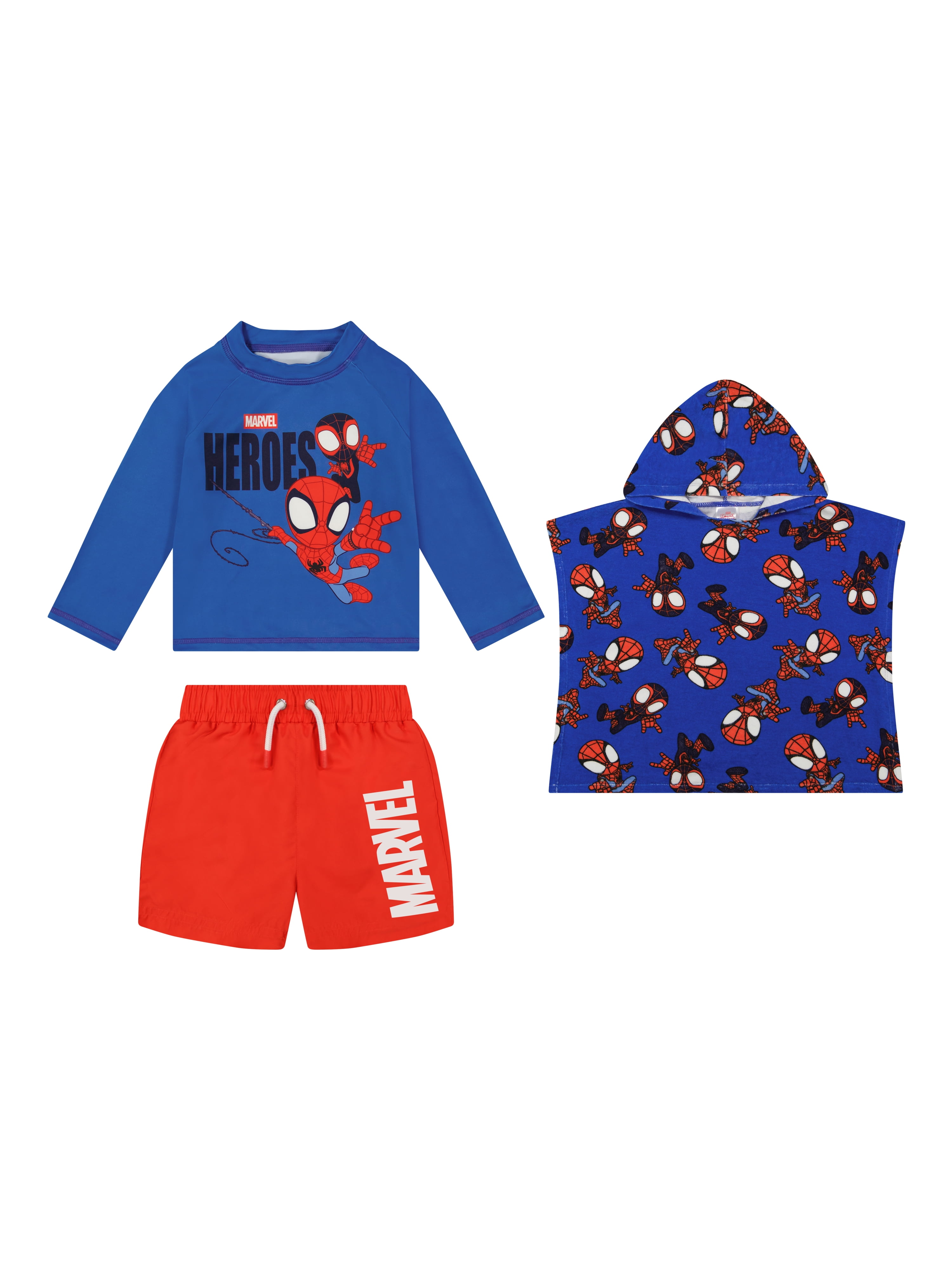 Marvel Spidey and Friends Toddler Boy Rash Guard Swim Set with Coverup (Blue, 5T) 3gync