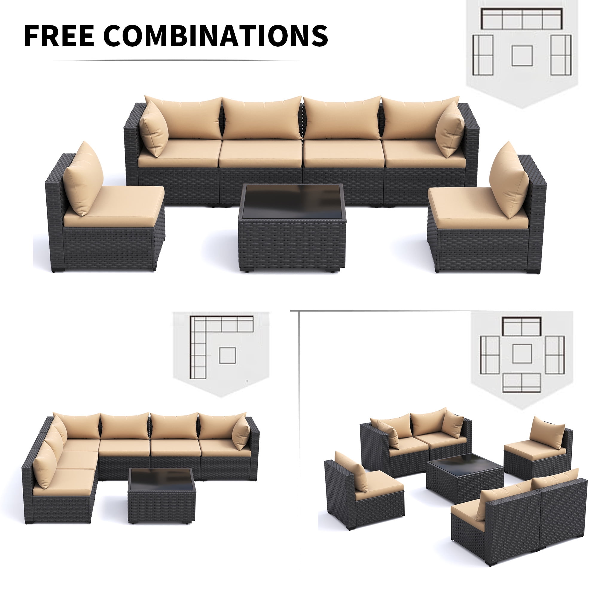 MRUAKA 7-Piece Outdoor Patio Conversation Set, PE Rattan Wicker Sectional Furniture with Cushions (Beige, 7-Piece Set) 6espu