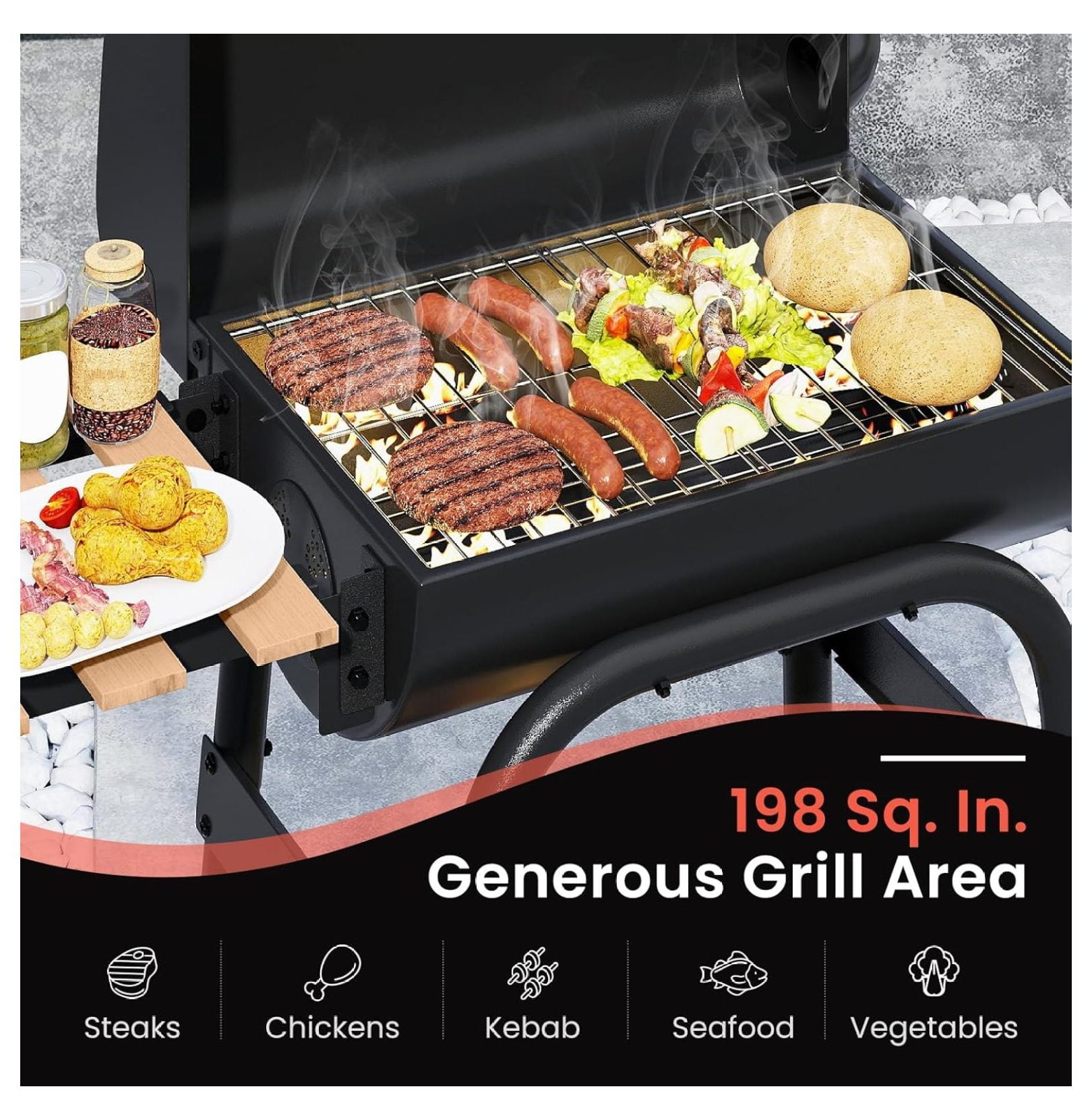 SHUZHIWANSHANG Charcoal Grill, Outdoor BBQ Smoker with Foldable Side Table and Wheels (198 sq in) e2x14