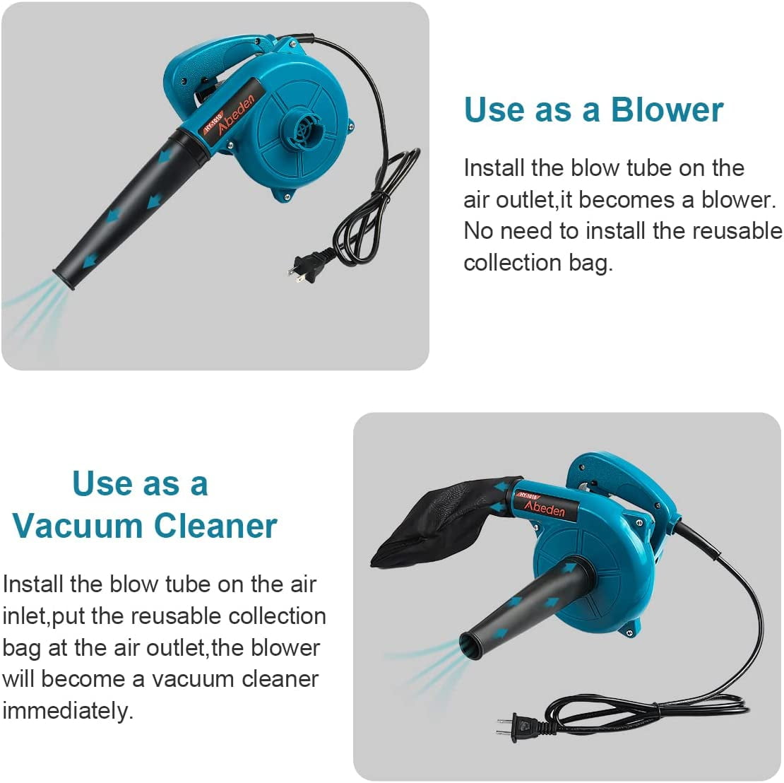 Abeden 2-in-1 Corded Electric Leaf Blower and Vacuum, Lightweight Handheld Sweeper for Garden and Car (Blue, 14.6 in x 6.7 in x 7.1 in) a78t9