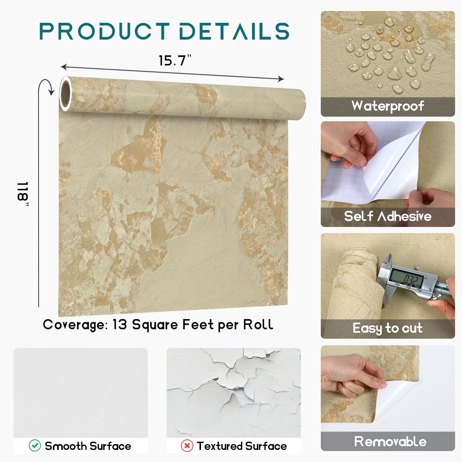 VEELIKE Gold Marble Contact Paper, Waterproof Peel and Stick Vinyl Wallpaper for Kitchen Countertops and Cabinets (Gold, 15.7 in x 118 in) fnx24