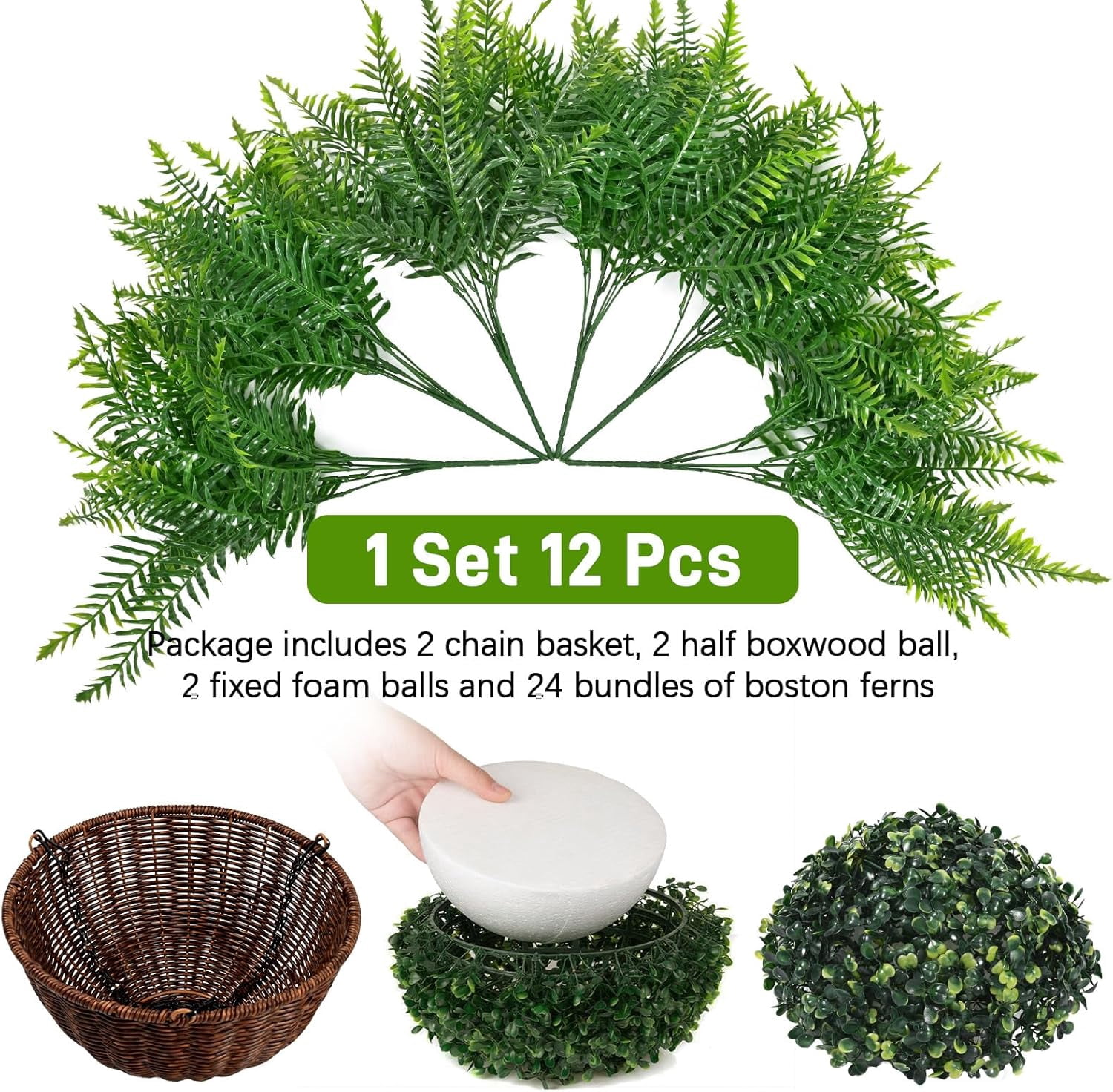 Yastouay Artificial Hanging Boston Ferns with Baskets, UV-Resistant Faux Plants for Indoor and Outdoor Home Porch Decor (Green, 2 Pcs, 17 in) xziwy