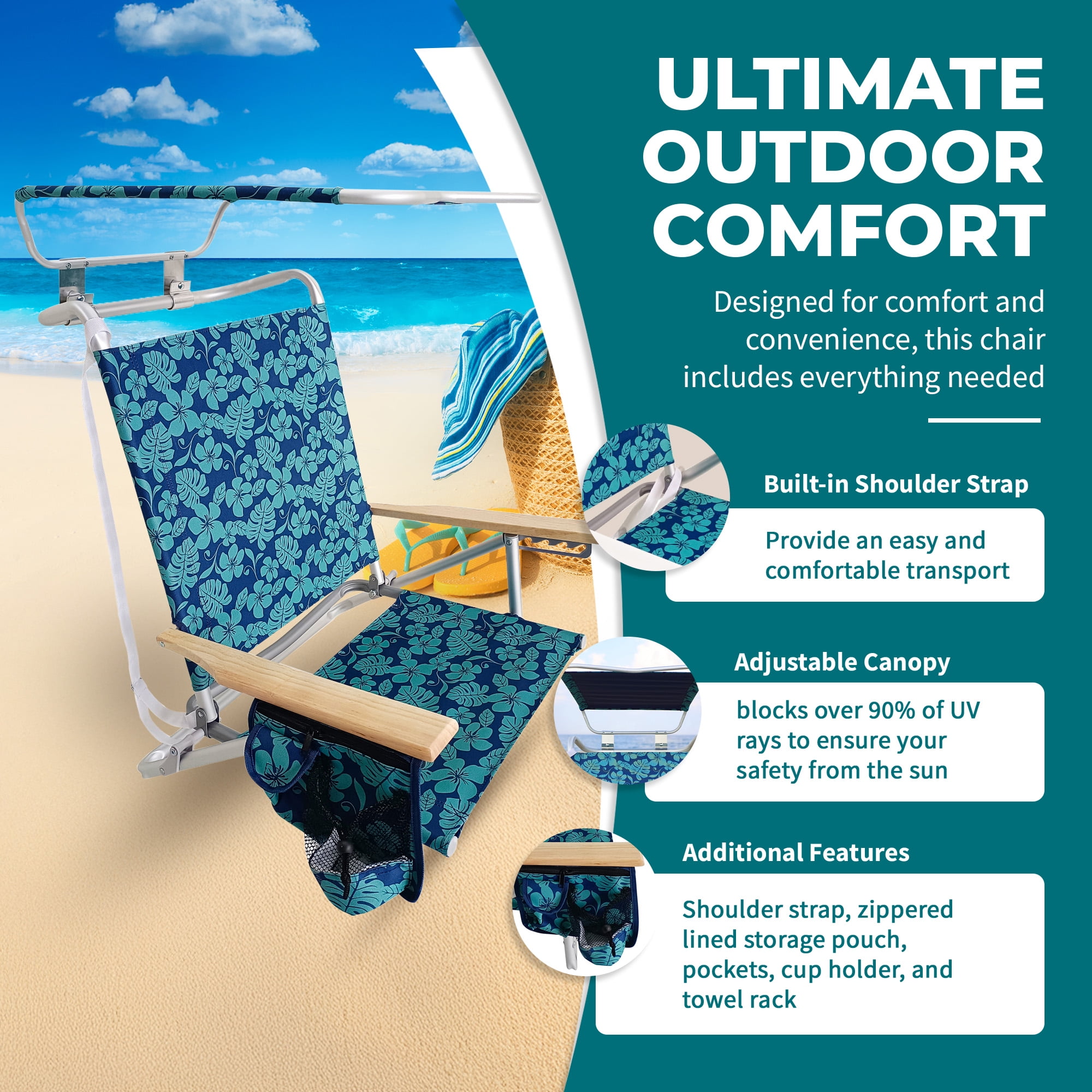 Bliss Hammocks Folding Beach Chair with Canopy and Cup Holder (Blue Flower, 275 lb Capacity) 7wkp9