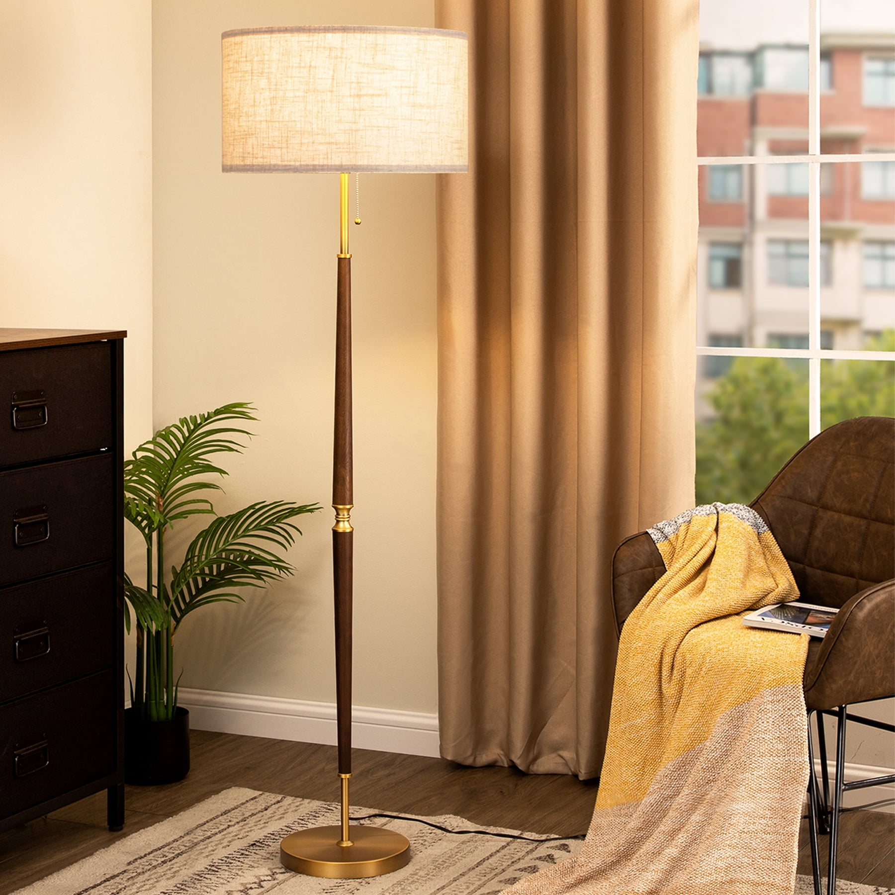 EDISHINE Vintage Floor Lamp for Living Room, Mid-Century Modern Standing Light with Chain Switch (Gold, 62 in) 4fxcu