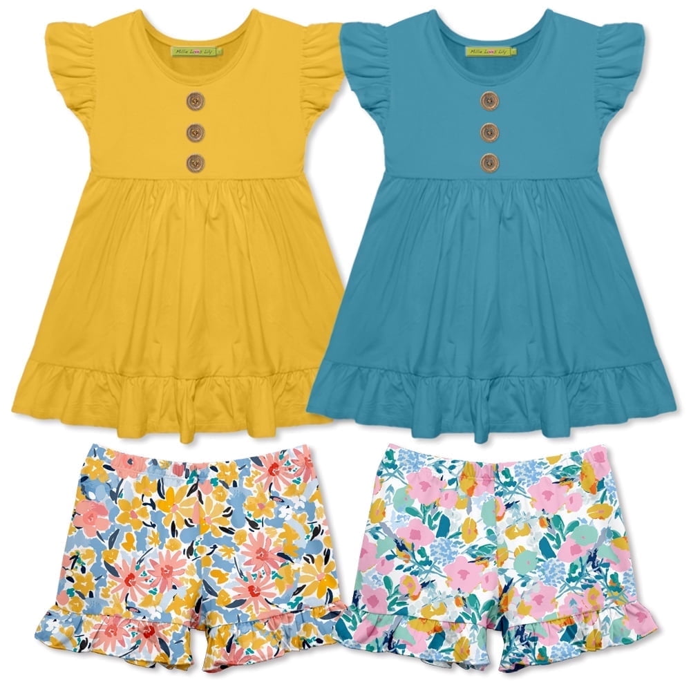 Millie Loves Lily Girls Ruffle Top and Printed Shorts Set (Yellow and Turquoise, 3T) lceaf