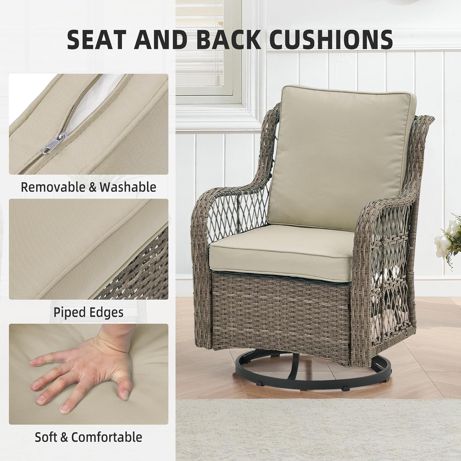 IdealHouse 3-Piece Wicker Patio Swivel Rocker Set (Grey & Apricot, 2 Glider Chairs with Side Table) 9tsuc