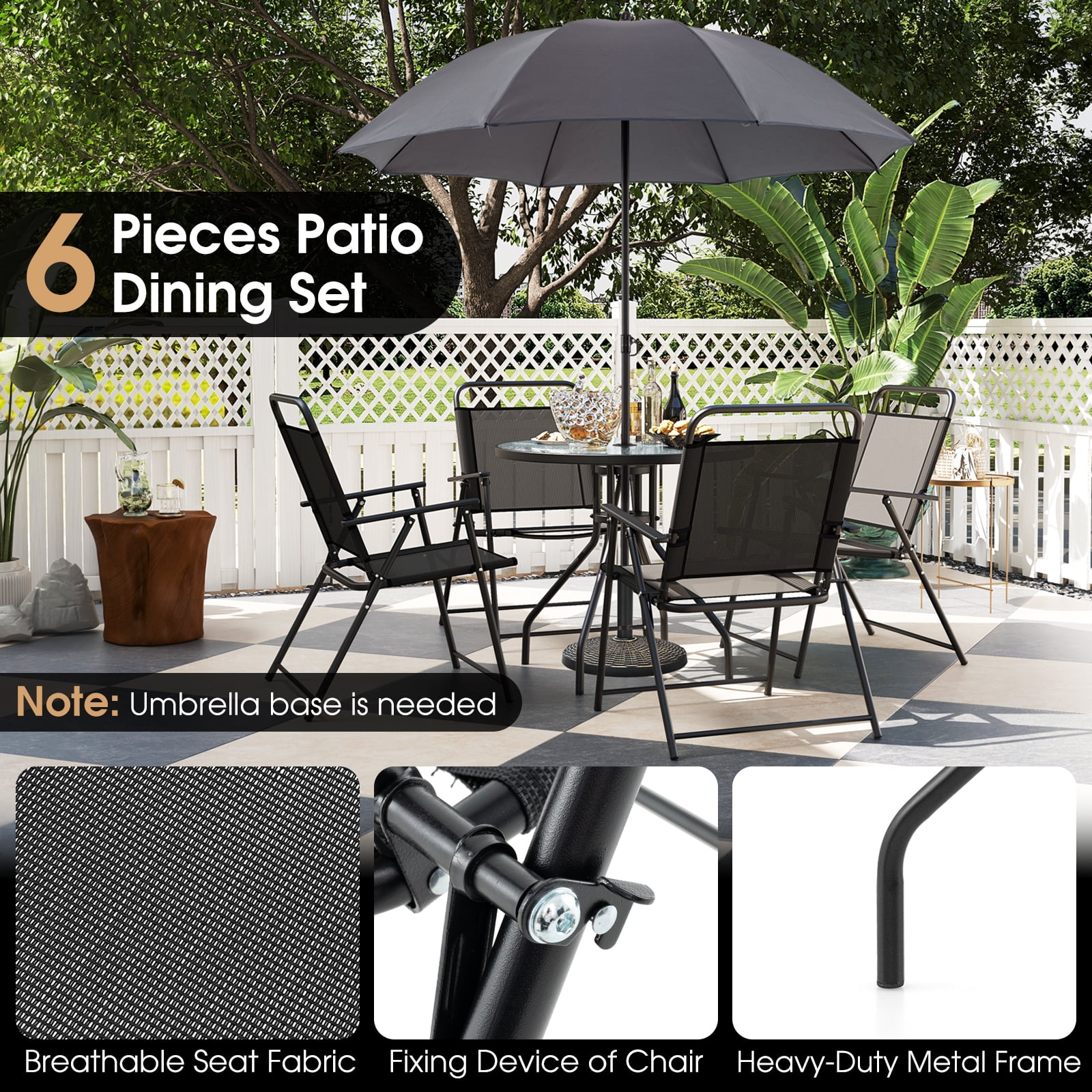 Spaco 6-Piece Patio Dining Set with Umbrella and Folding Chairs (Grey, 6-Piece Set) 475pc