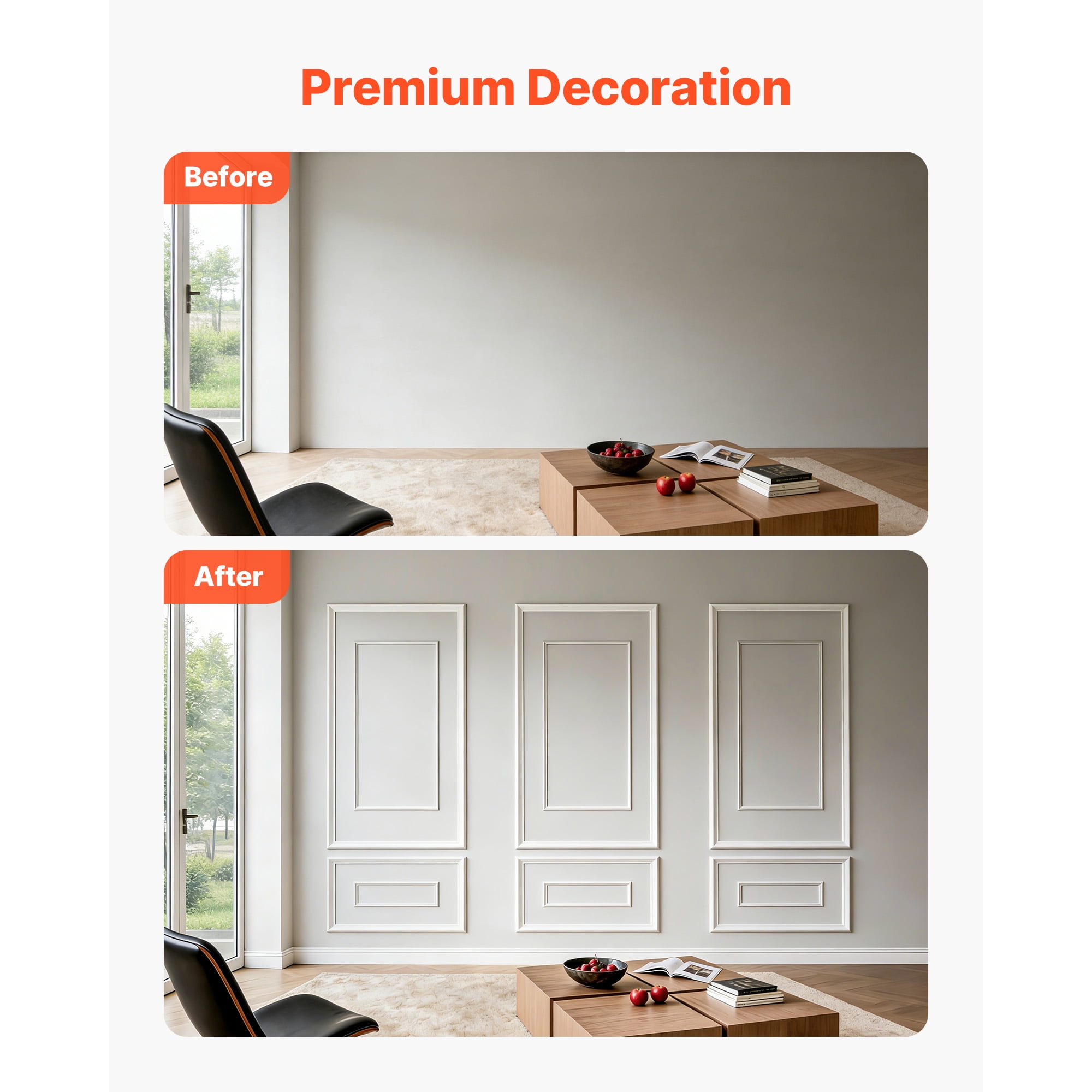 KFFKFF Wall Molding Wainscoting Panels Kit, Paintable Lightweight Polystyrene Decorative Trim (White, 3 Pack) 7b56g