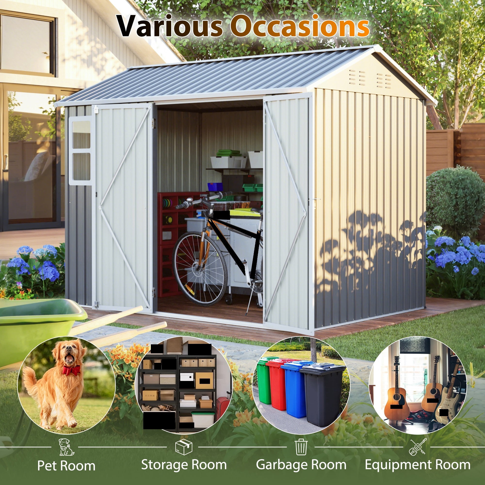 Roninkier Large Galvanized Steel Storage Shed with Lockable Double Doors and Window (Dark Gray, 8x6 ft) 6k2hq