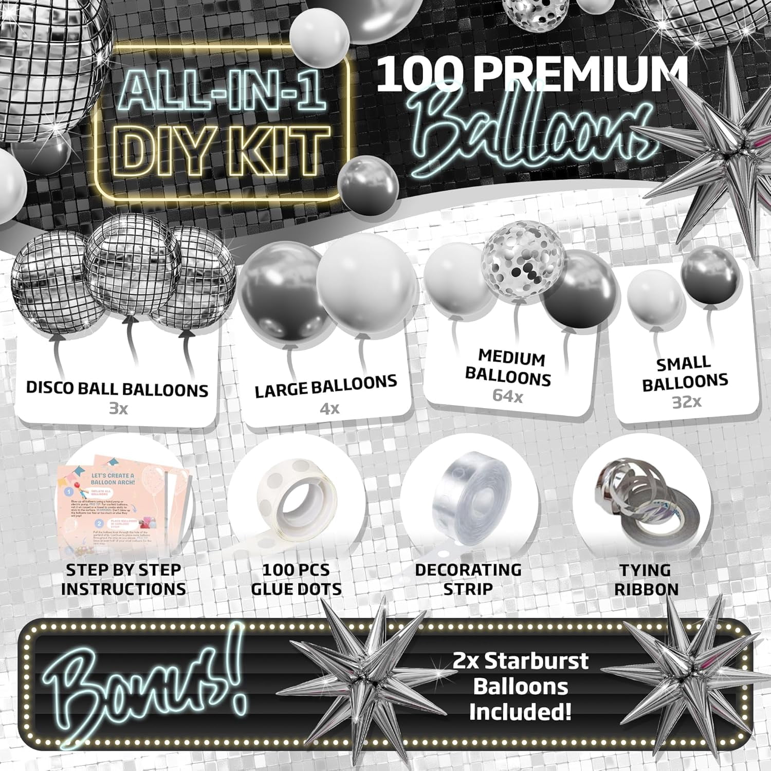 Sheryl Décor Disco Balloon Arch Kit for Party Decorations (Silver and White, 100-Piece Set) 1xoes
