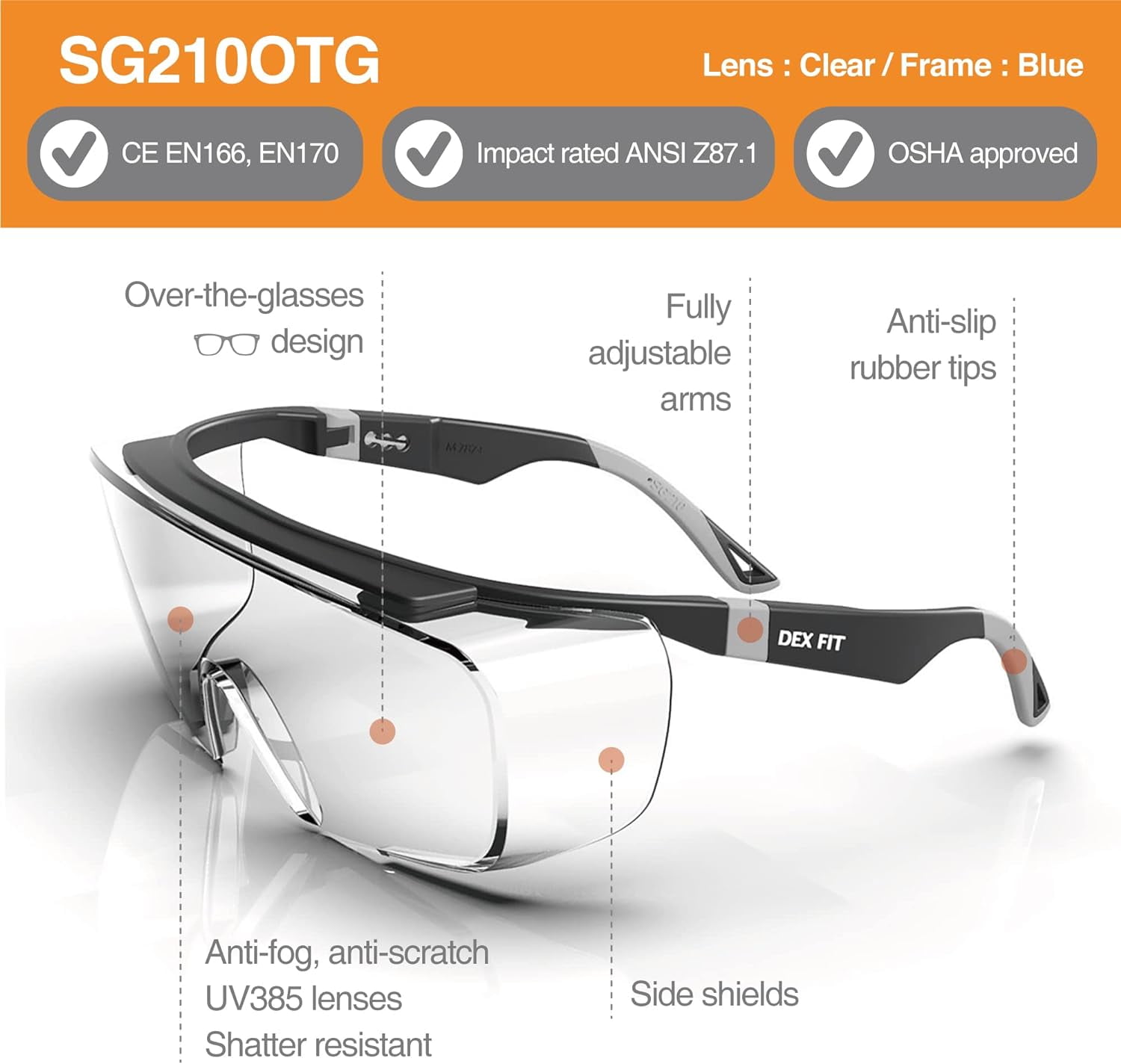 DEX FIT SG210 Safety Over Glasses, Impact Resistant Polycarbonate Lens, Anti-Fog & Anti-Scratch (Grey, One Size) vv8mv