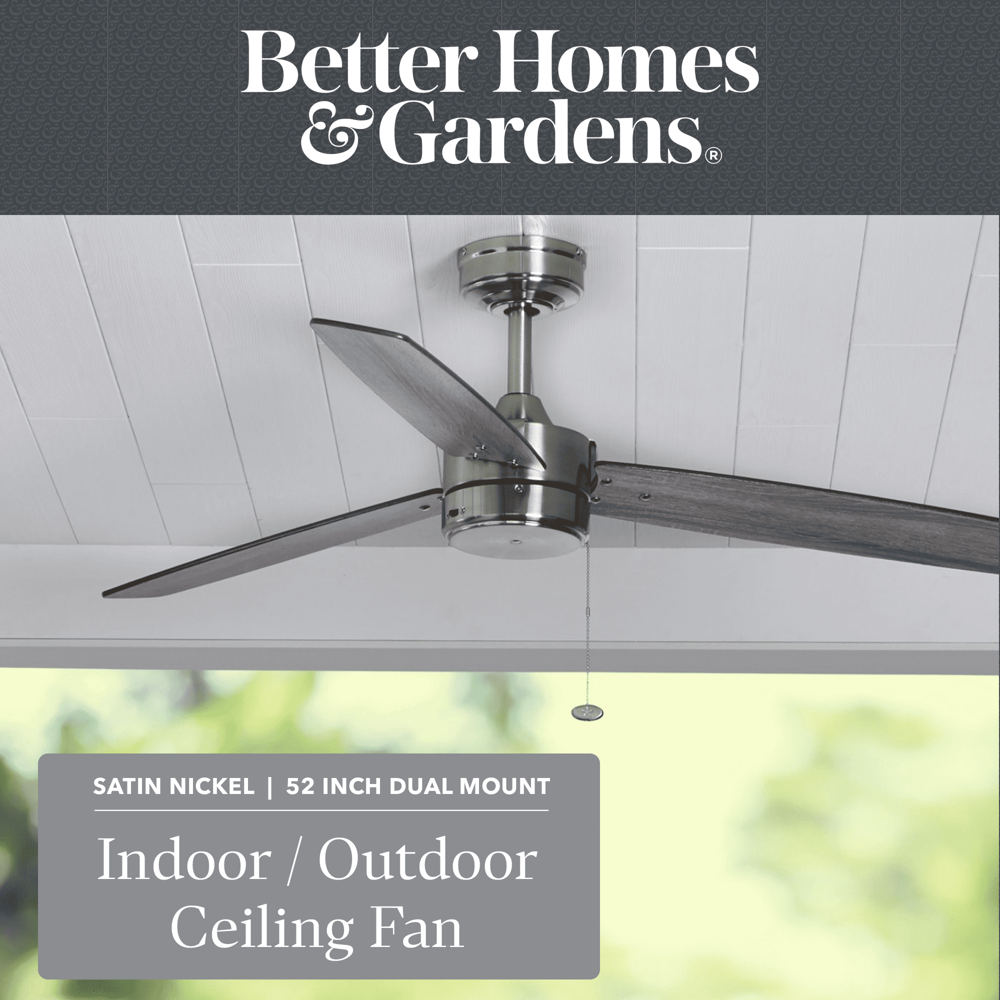 Better Homes & Gardens 52-inch Indoor/Outdoor Ceiling Fan with 3 Blades and Reverse Airflow (Satin Nickel, 52-inch) unlxa