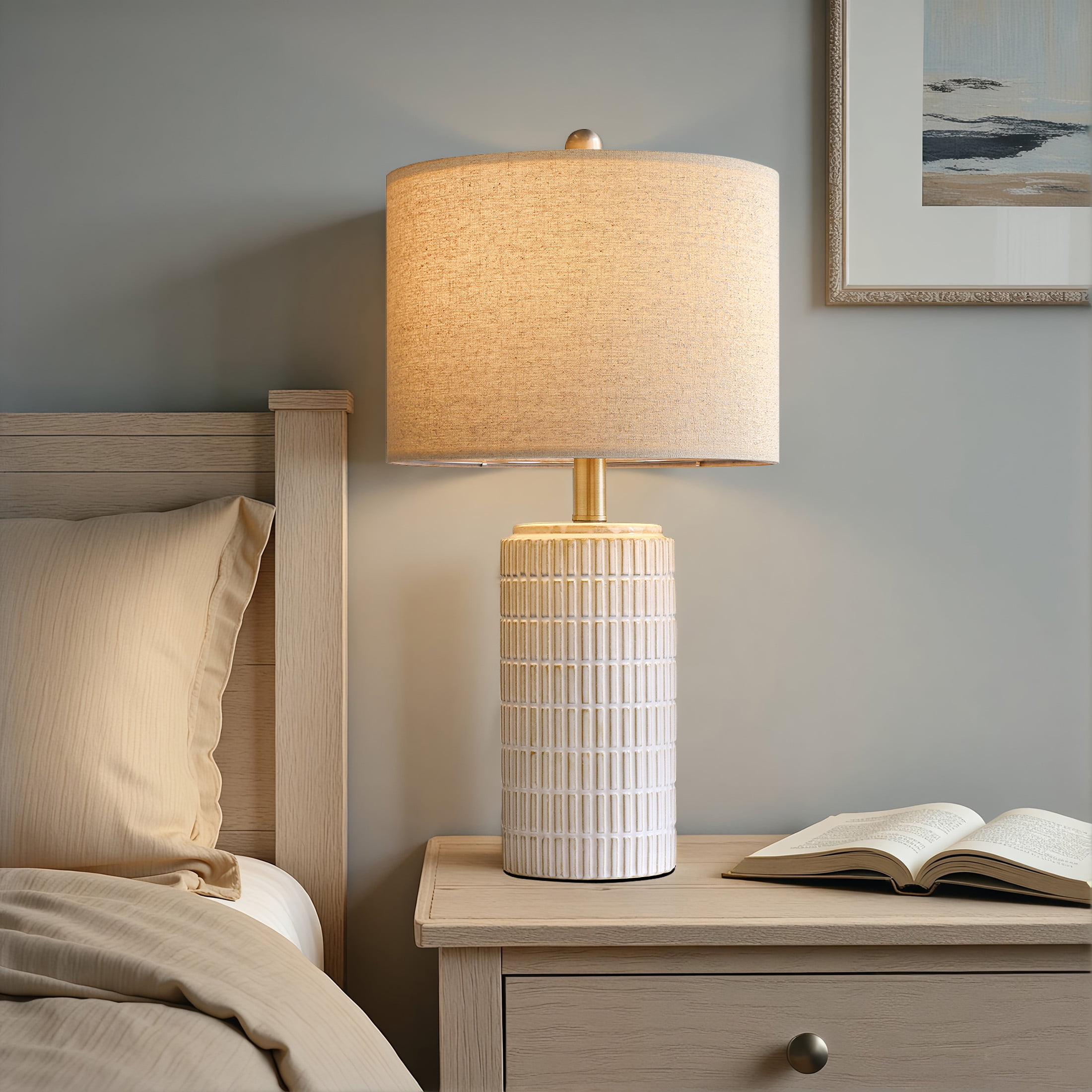 Oneach Ceramic Table Lamps Set of 2, Rustic Bedside Nightstand Lighting with Linen Shades (White, 23 in) 5a0kk