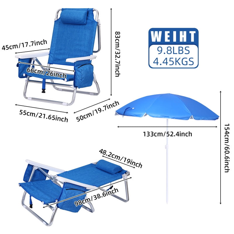 Funcode 7-Position Reclining Beach Chair with Cooler and Backpack Straps (Blue, 1 Pack) n3c1m