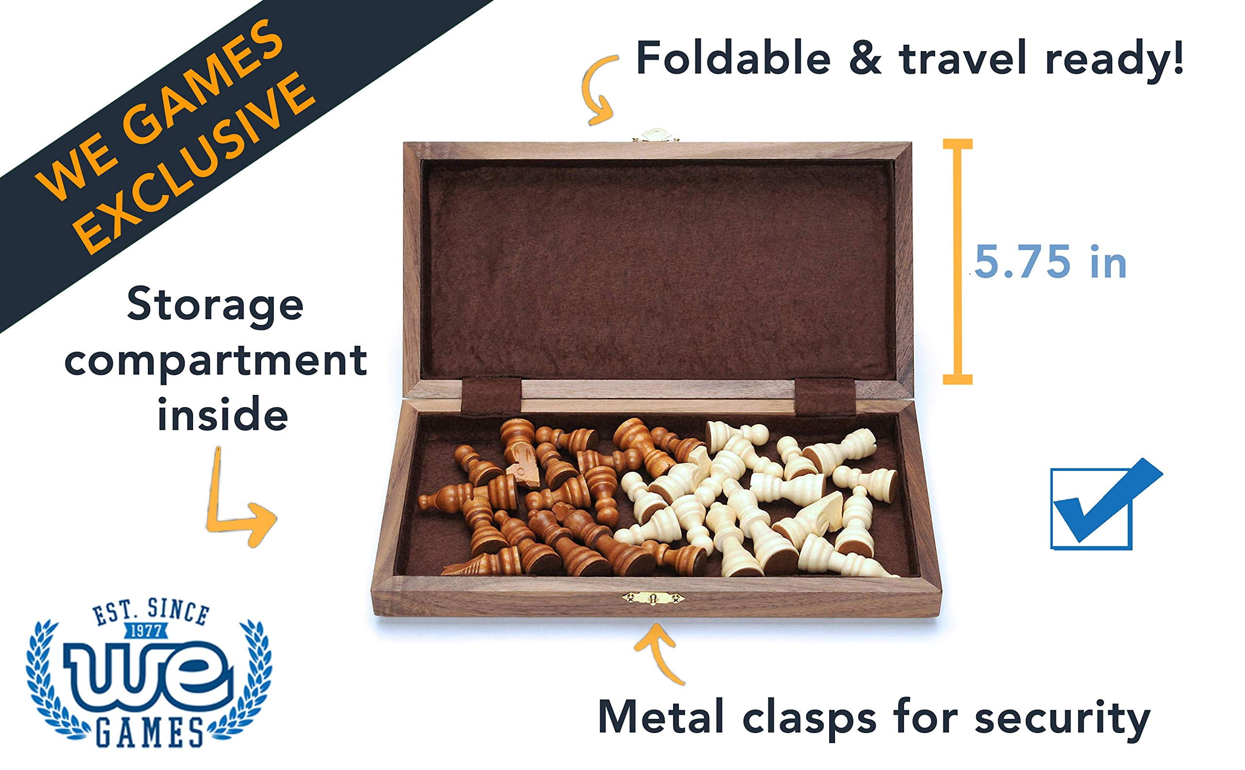 WE Games Folding Wood Travel Chess Set with Walnut Veneer Board (Brown, 11.5 in) k9f8g