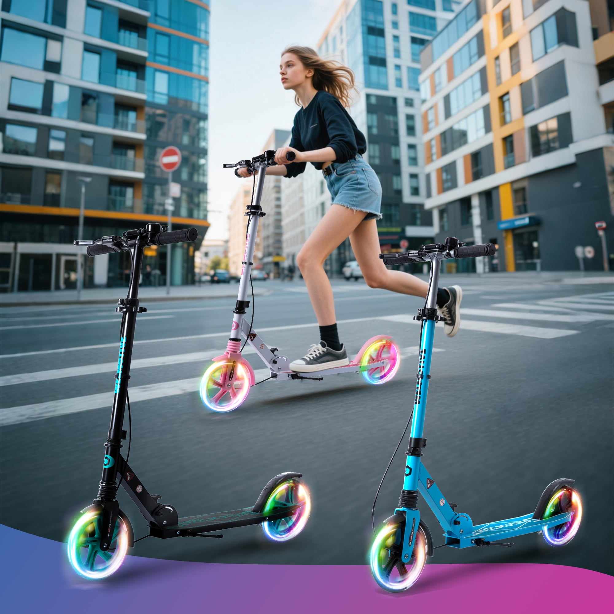 Welmotive Kick Scooter for Kids and Adults with LED Wheels, Dual Braking System, and Adjustable Handlebars (White, 9.6 lb) goi70