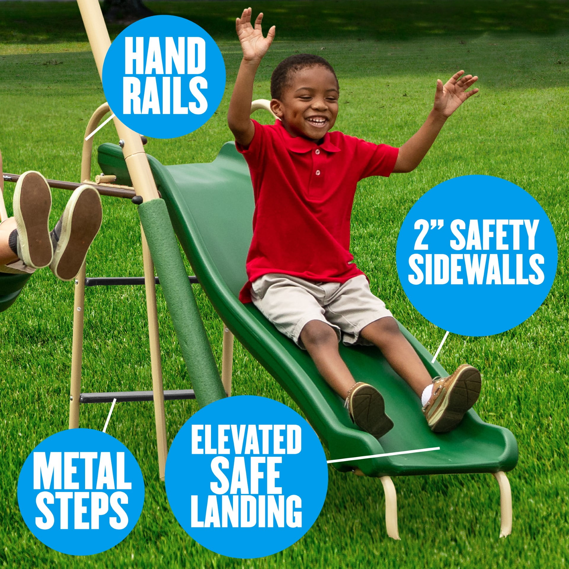 XDP Recreation Deerfield Metal Swing Set with Super Disc Swing, 6-ft Slide, Fun Glider & See-Saw (Green, 222 in x 102 in x 74 in) jdzle