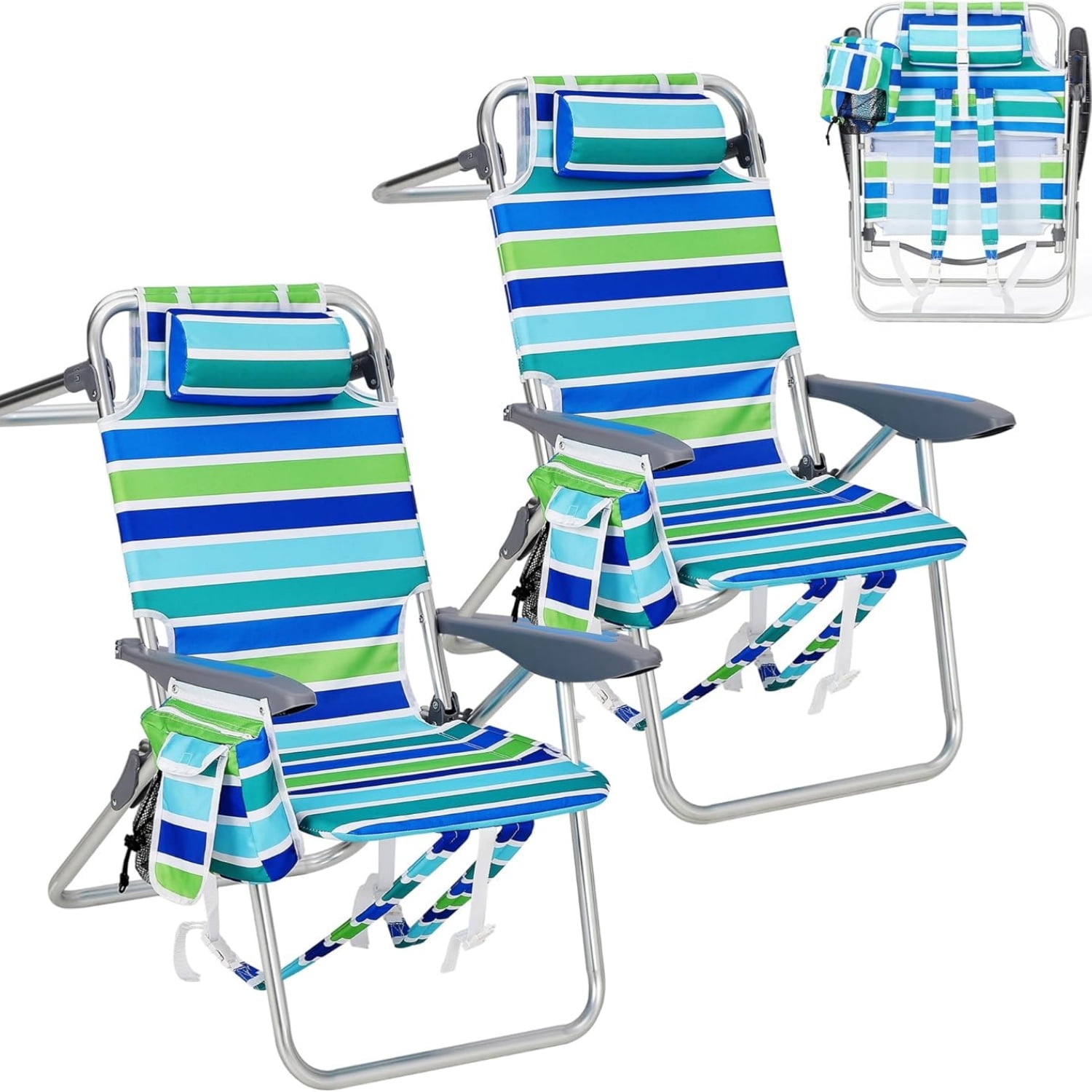 RIEDHOFF Portable Beach Chair with Adjustable Backrest and Cooler Bag (Ocean Striped, Set of 2) w911z